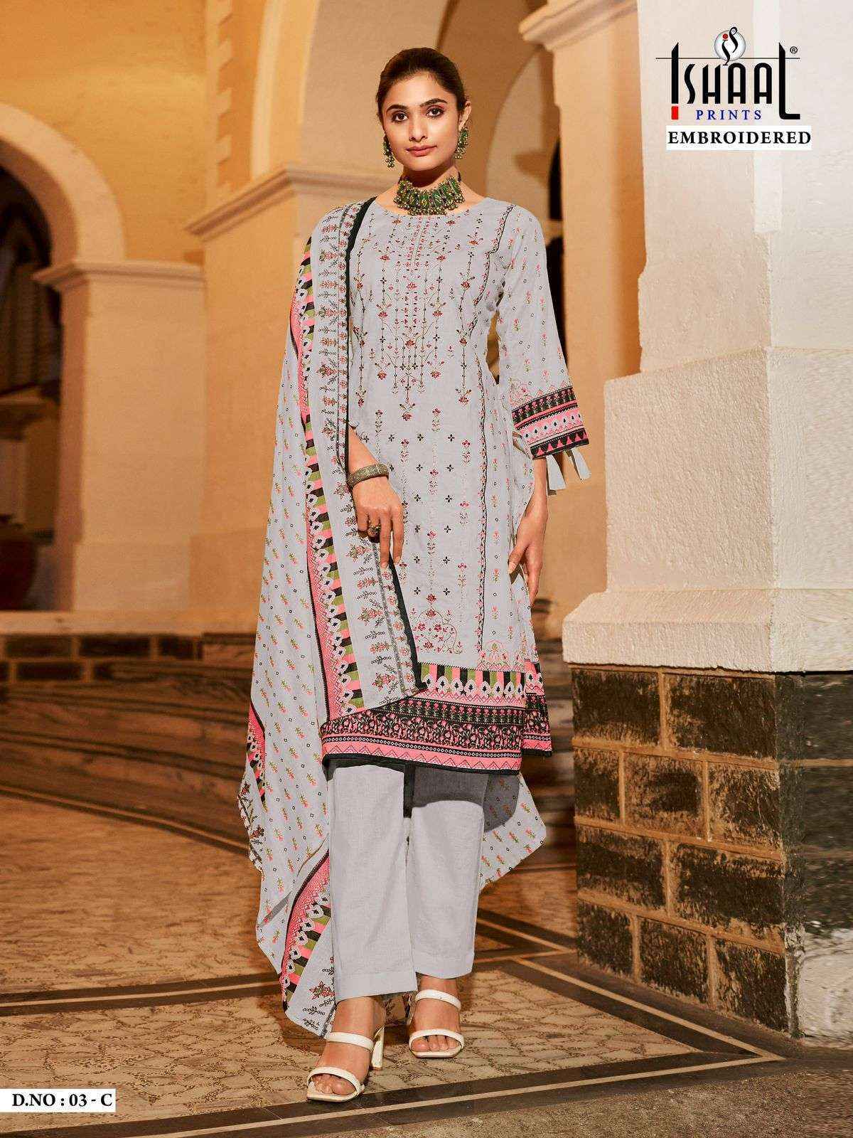 Ishaal Prints Embroidered D No 03 Lawn Cotton Dress Material 4 pcs Catalogue