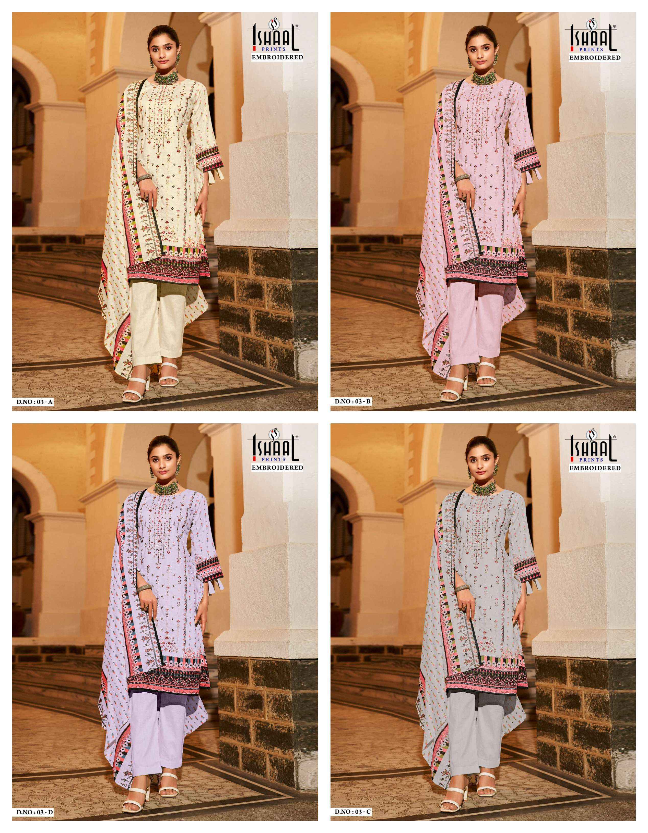 Ishaal Prints Embroidered D No 03 Lawn Cotton Dress Material 4 pcs Catalogue