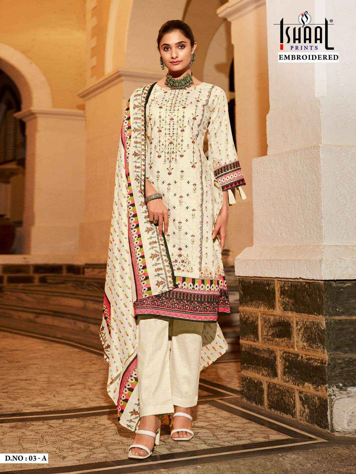 Ishaal Prints Embroidered D No 03 Lawn Cotton Dress Material 4 pcs Catalogue