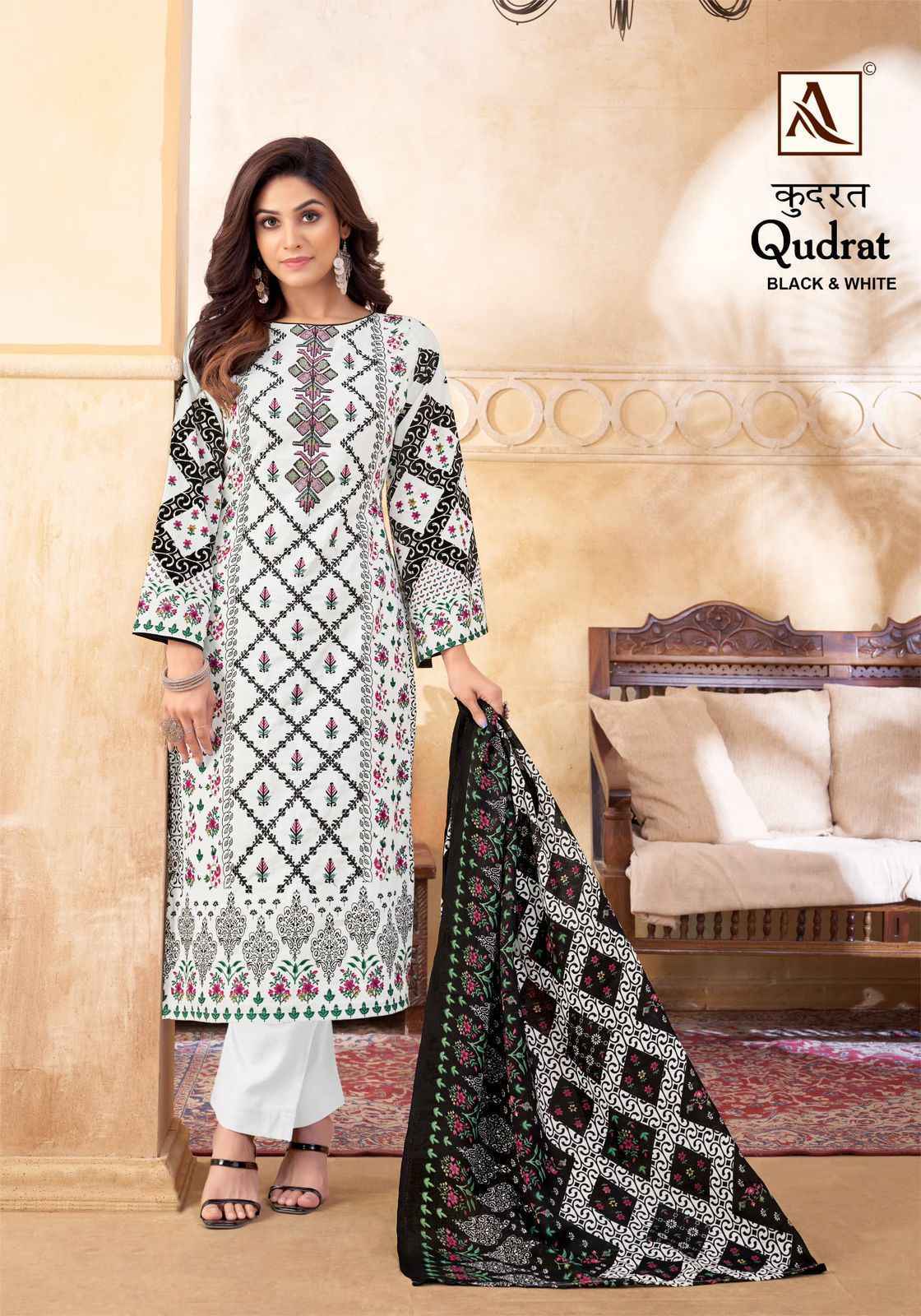Alok Qudrat Black & White Cotton Dress Material 8 pcs Catalogue