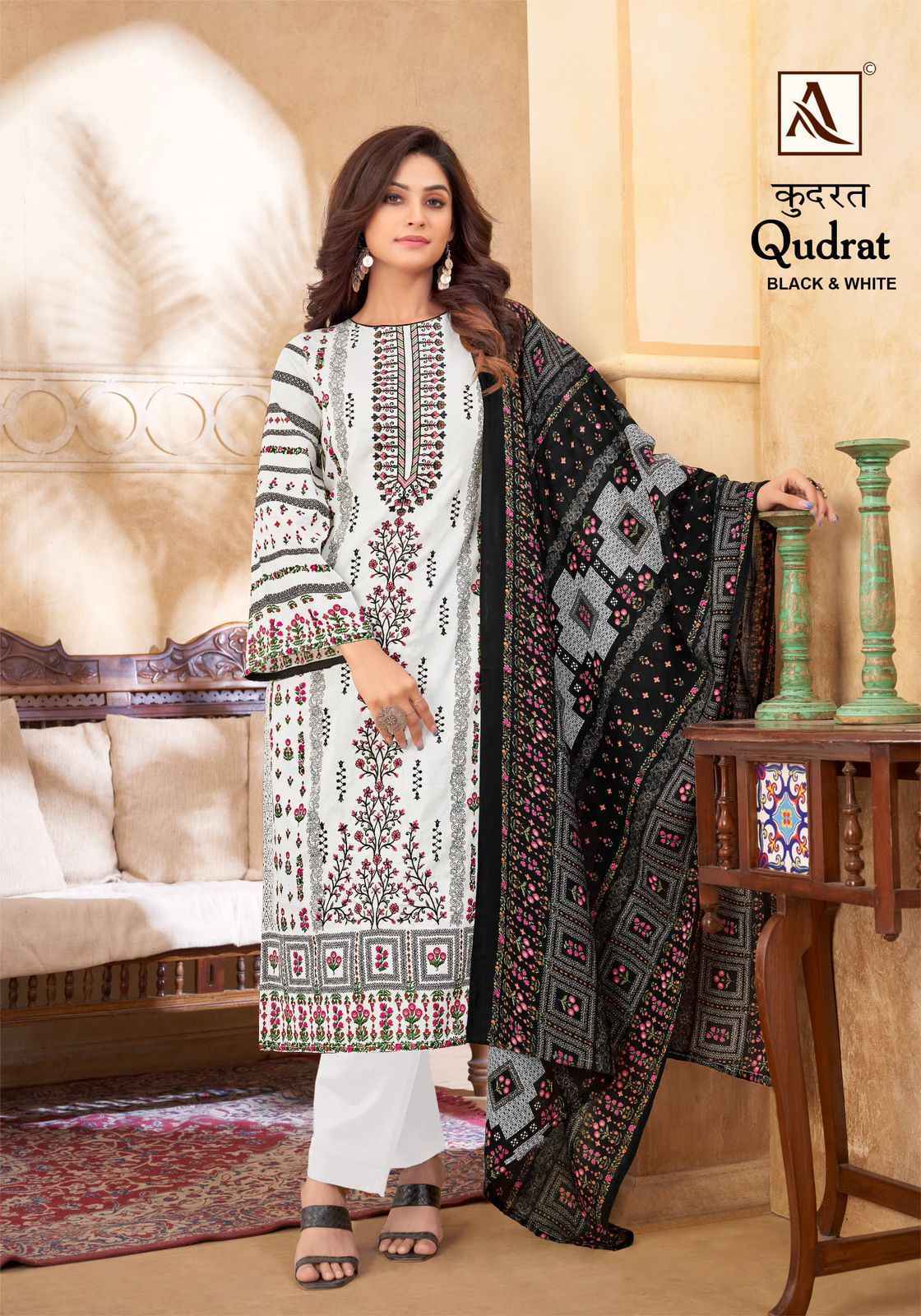 Alok Qudrat Black & White Cotton Dress Material 8 pcs Catalogue