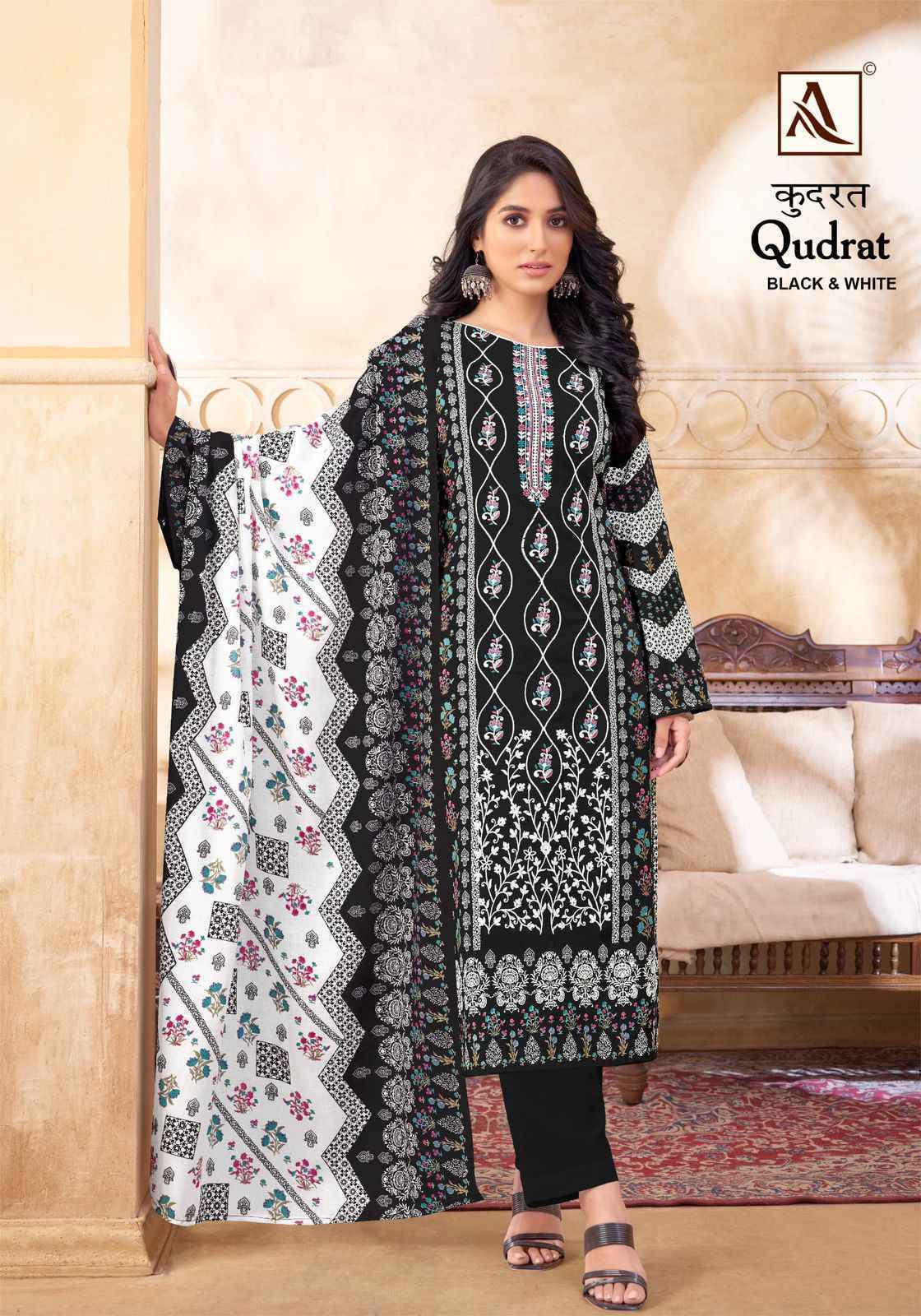Alok Qudrat Black & White Cotton Dress Material 8 pcs Catalogue