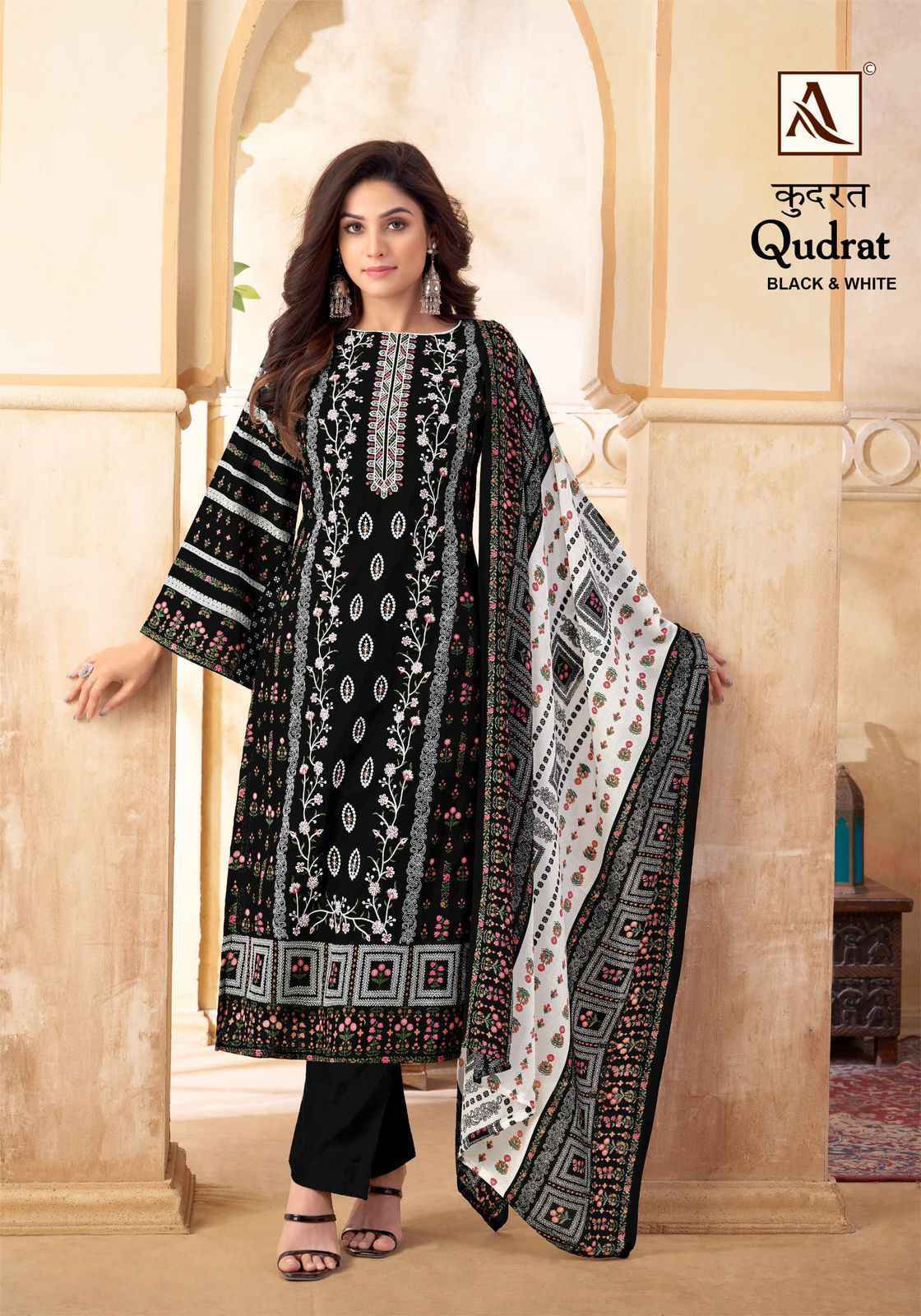Alok Qudrat Black & White Cotton Dress Material 8 pcs Catalogue