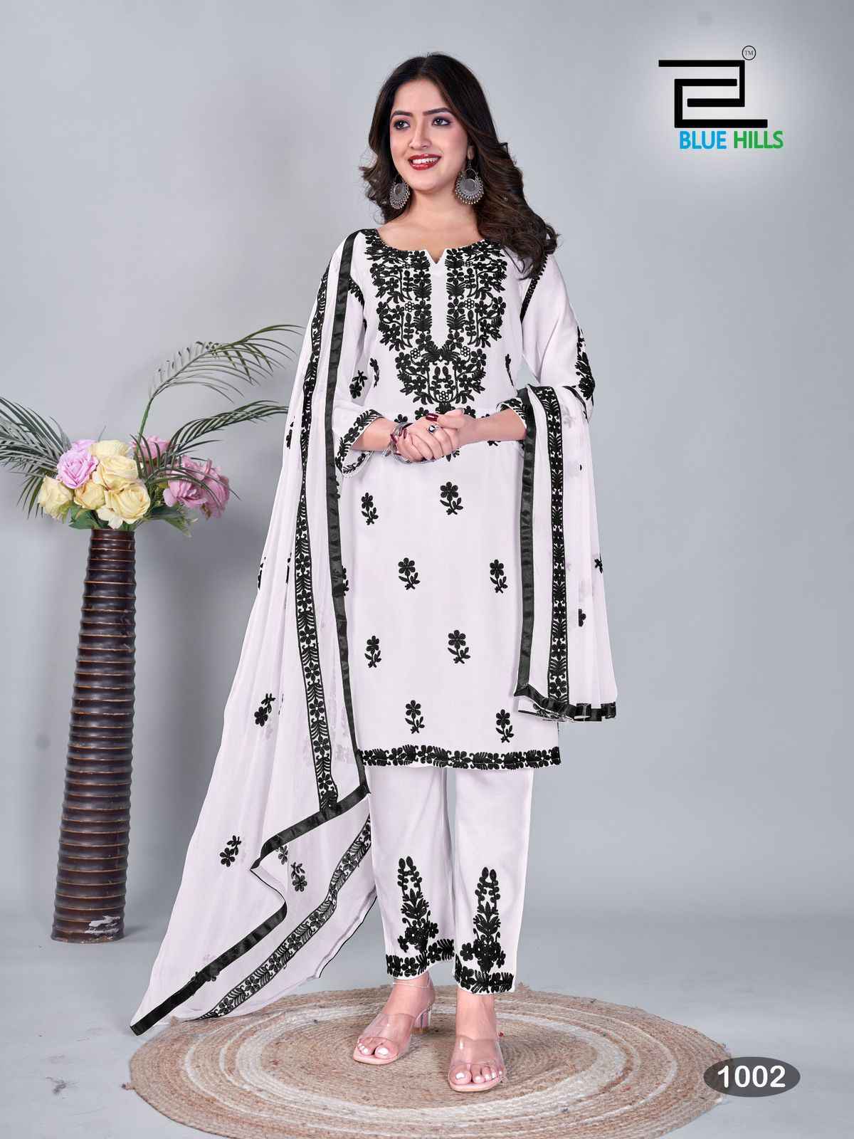 Blue Hills Black & White Readymade Rayon Dress 2 pcs Catalogue
