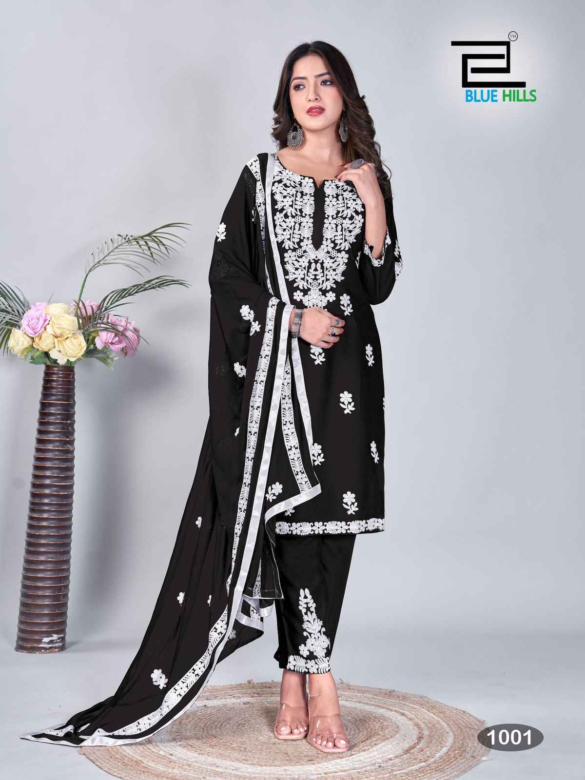 Blue Hills Black & White Readymade Rayon Dress 2 pcs Catalogue