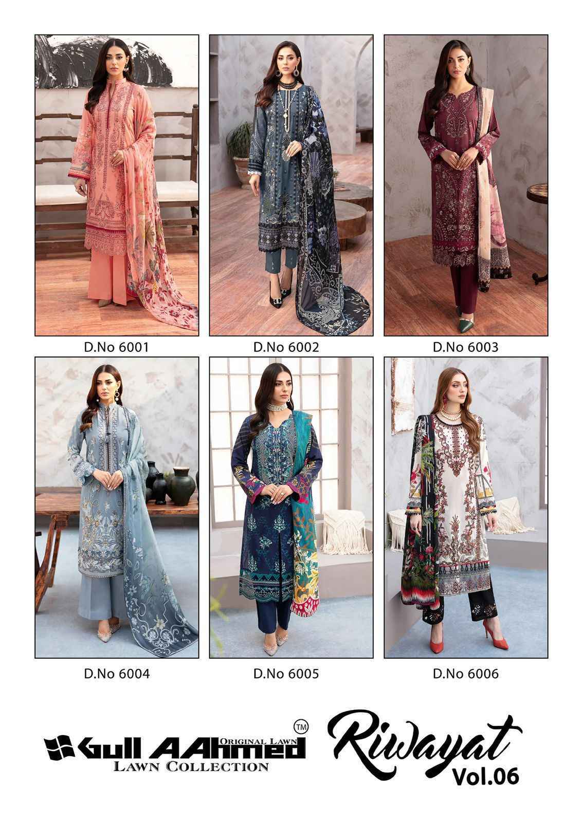 Gull Ahmed Riwayat Vol 6 Lawn Cotton Dress Material 6 Pcs Catalouge