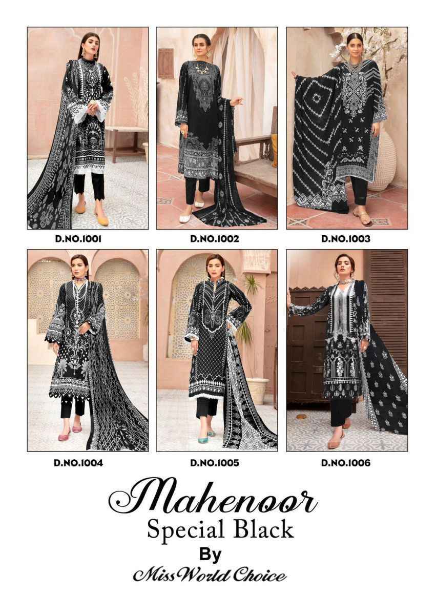 Miss World Choice Mahenoor Special Black Lawn Cotton Dress Material 6 pcs Catalogue
