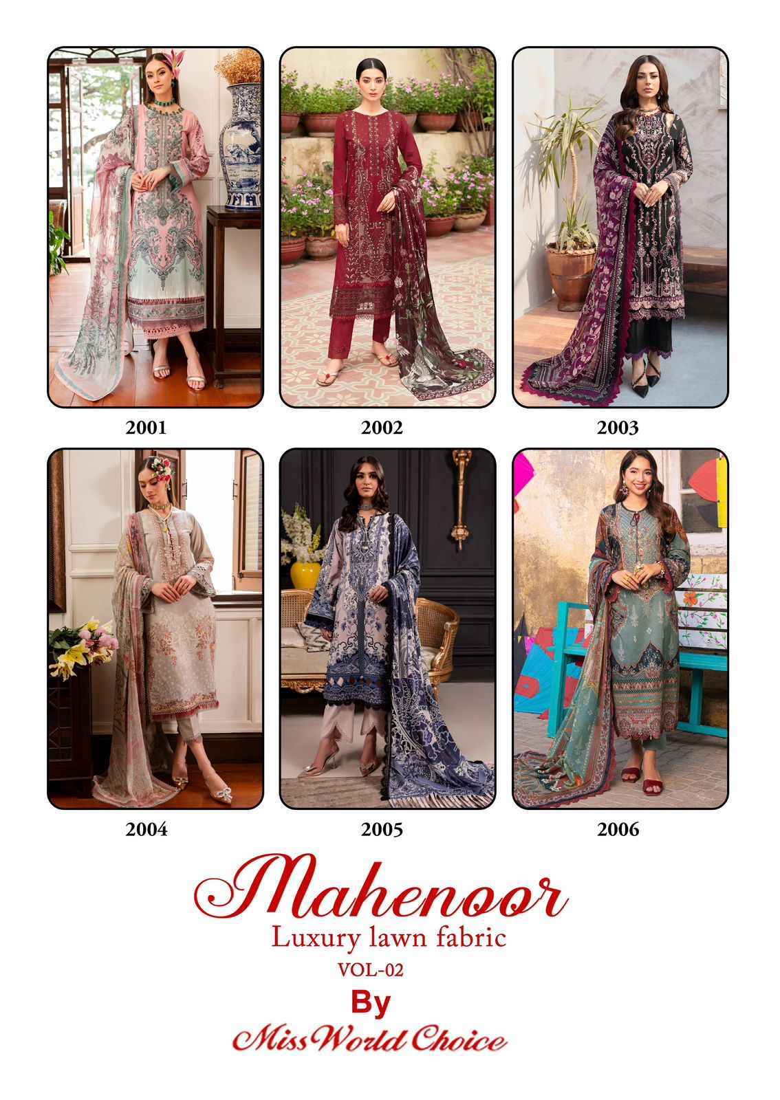 Missworld Choice Print Mahenoor Vol-2 Lawn Dress Material 6 Pc Catalog