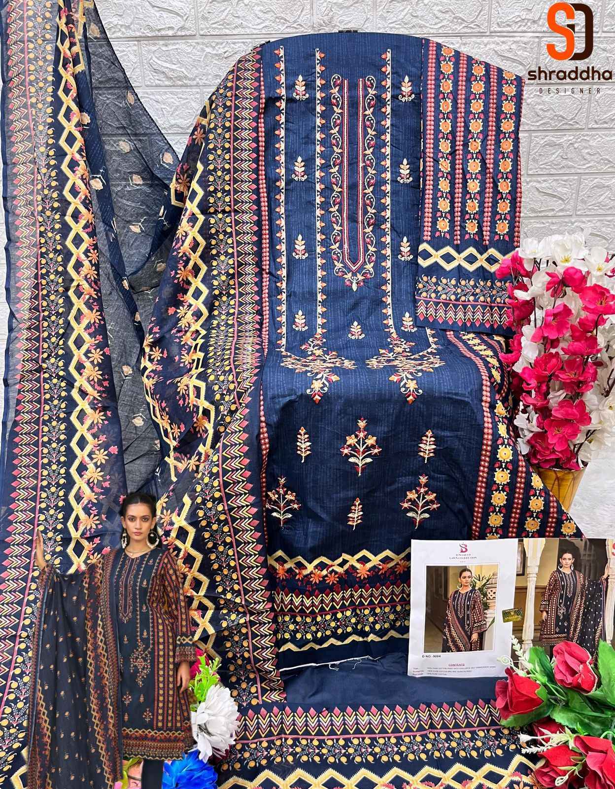  Shraddha Designer Bin Saeed Lawn Collection Vol-9 Cotton Dress Material 4 pc Cataloge