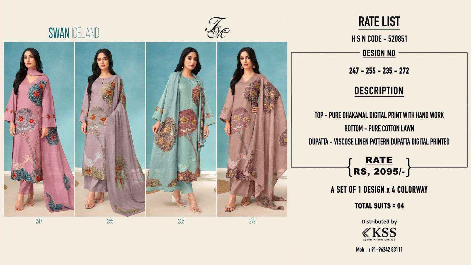 T & M Swan Iceland Dhaka Mal Cotton Dress Material 4 Pc Catalog