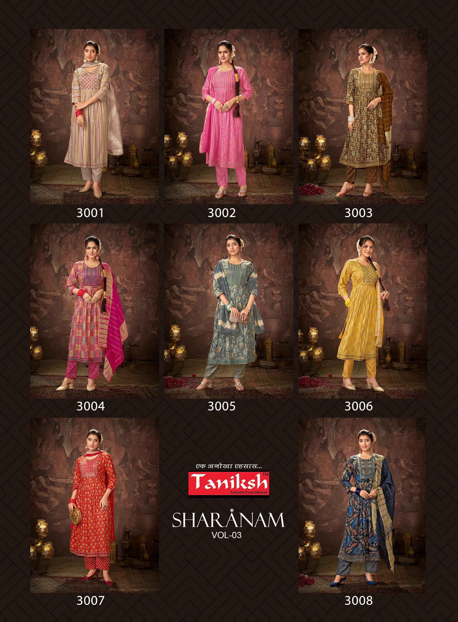 Taniksh Sharnam Vol-3 Readymade Rayon Dress 8 pcs Catalogue