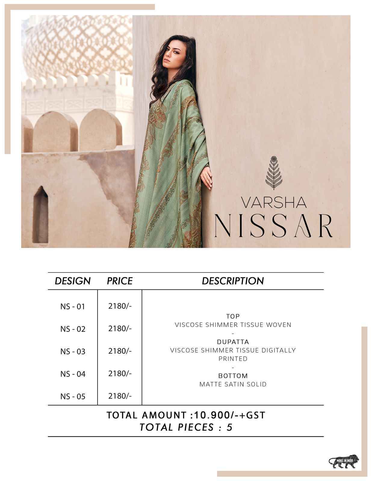 Varsha Nissar Viscose Shimmer Tissue Woven Dress Material 5 Pc Catalog