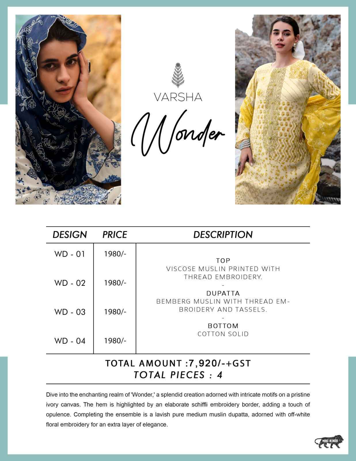 Varsha Wonder Viscose Muslin Dress Material 4 Pc Cataloge