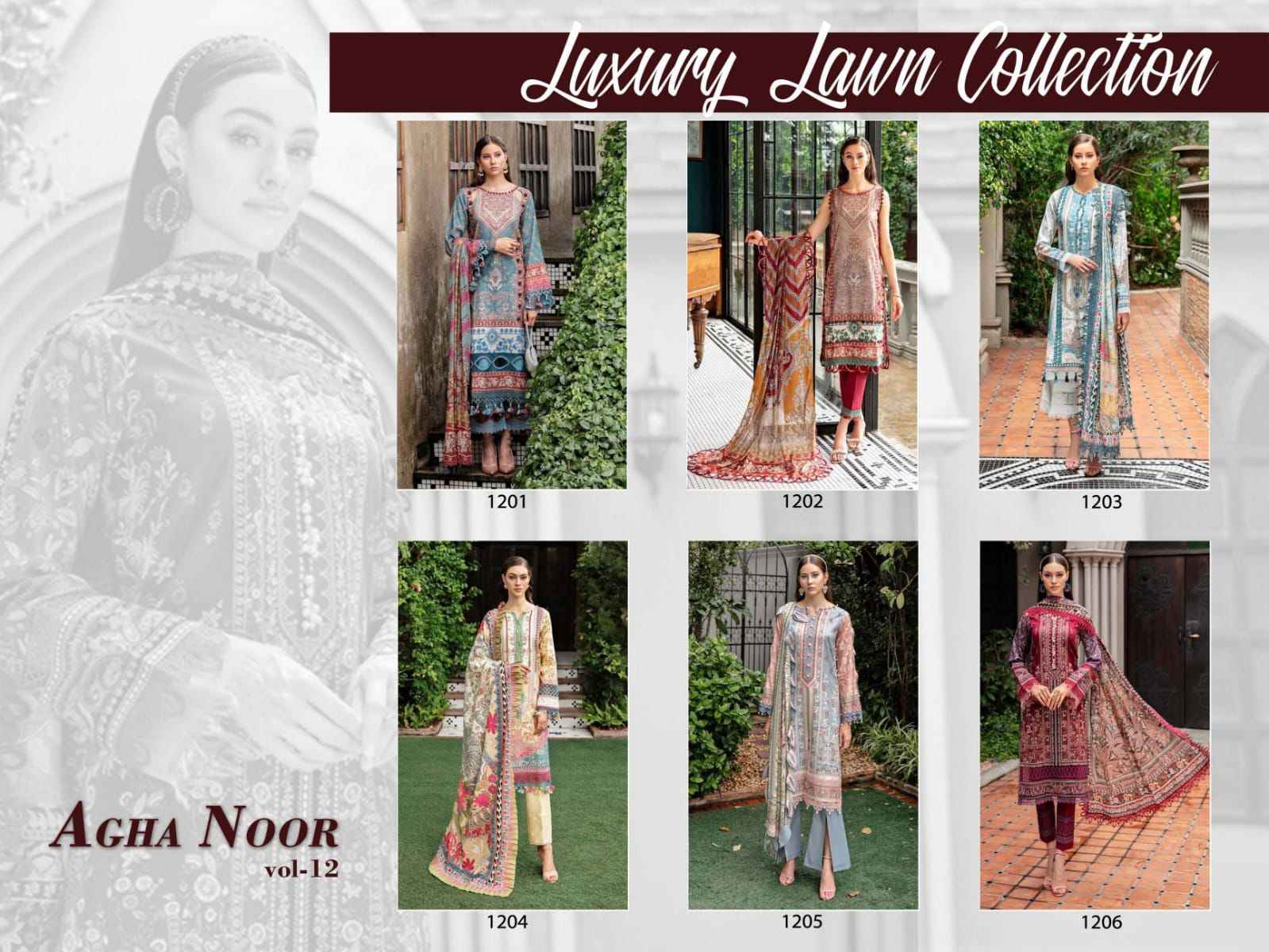 Agha Noor Luxury Lawn Collection Vol-12 Lawn Cotton Dress Material 6 pcs Cataloge