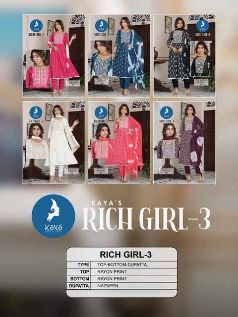 Kaya Rich Girl 3 Rayon Kurti Combo 6 pcs Catalogue