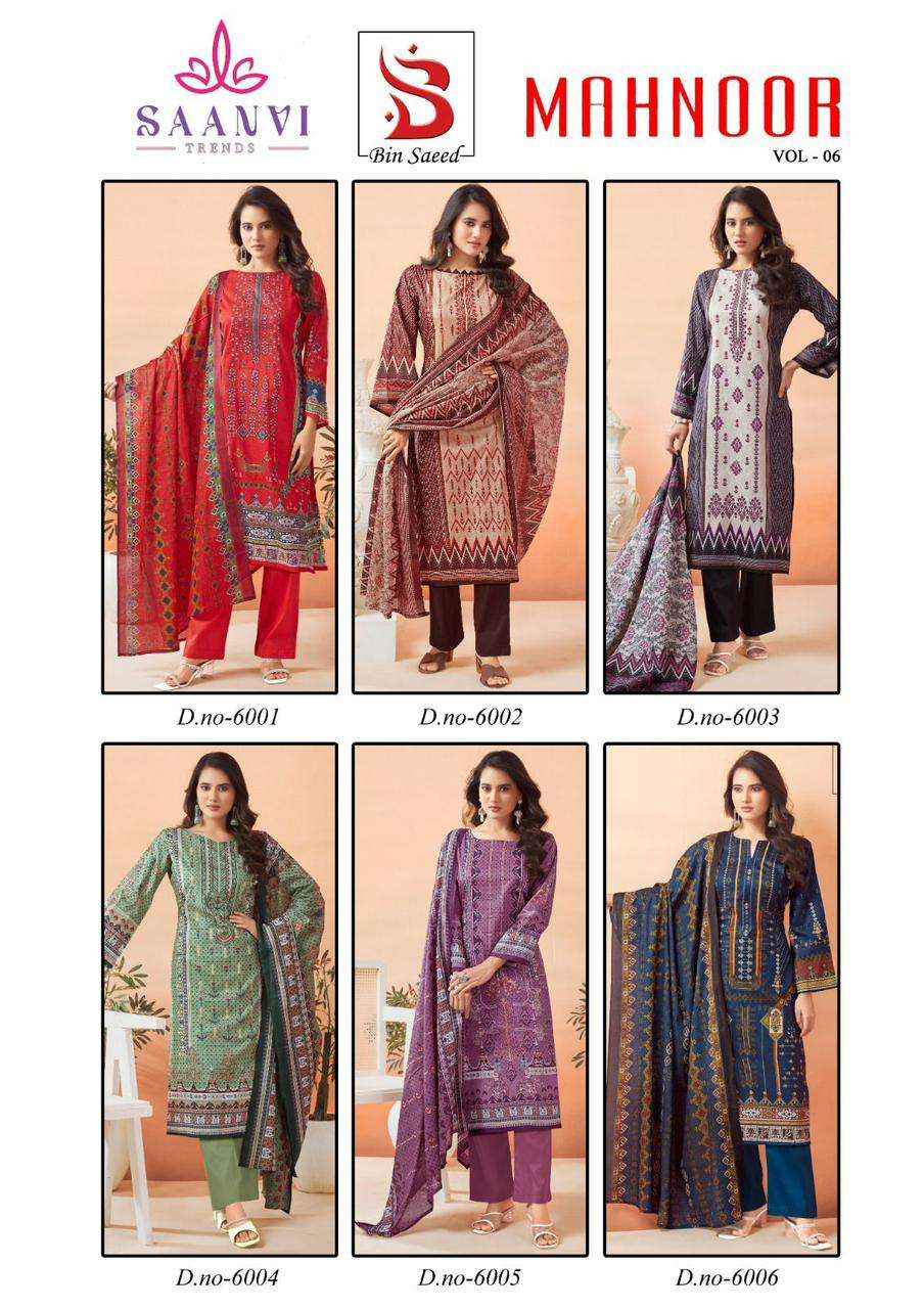 Saanvi Trends Bin Saeed Mahnoor Vol 6 Lawn Cotton Dress Material 6 pcs Catalogue