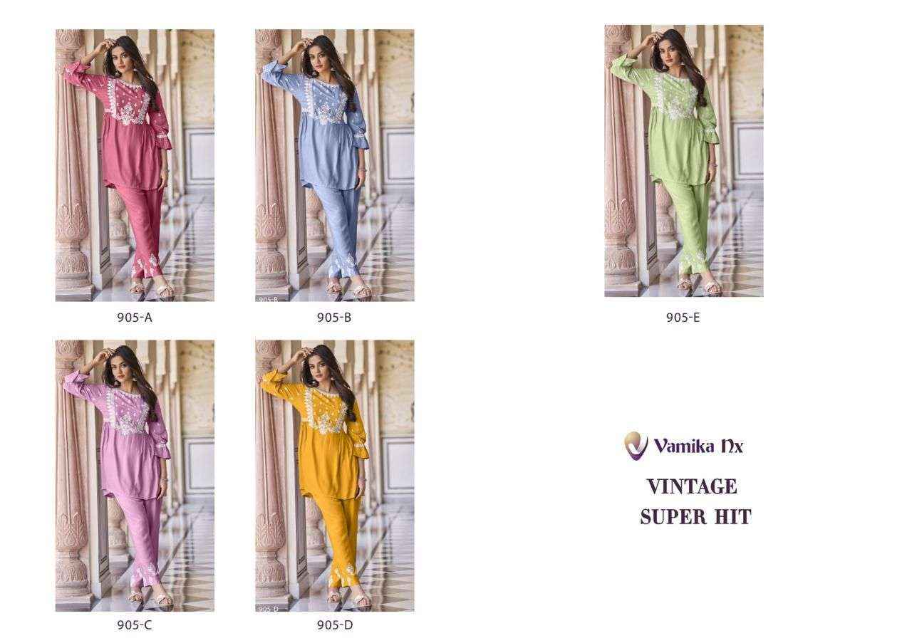 Vamika Nx Vintage Super Hit Rayon Kurti With Pant 5 pcs Catalogue