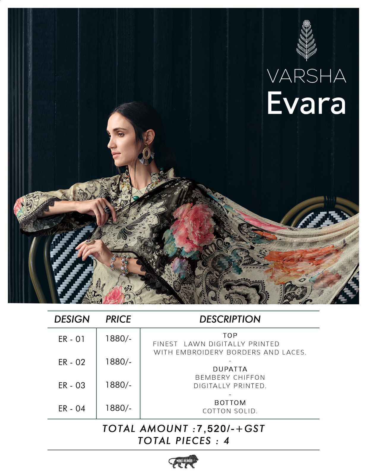 Varsha Evara Lawn Dress Material 4 Pc Cataloge