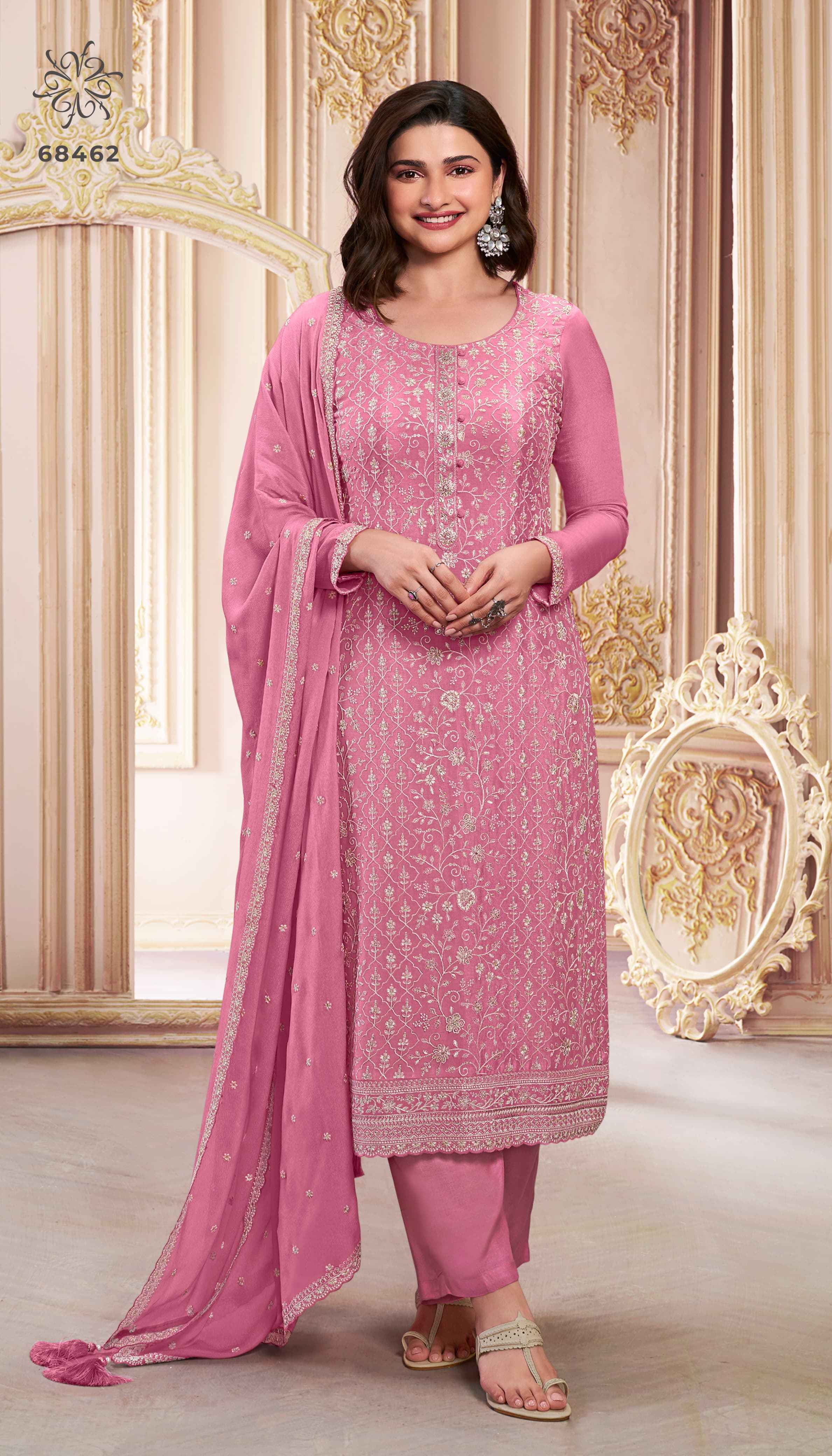 Vinay Kuleesh Saira Thread Embroidered Chinon Dress Material 6 pcs Catalogue