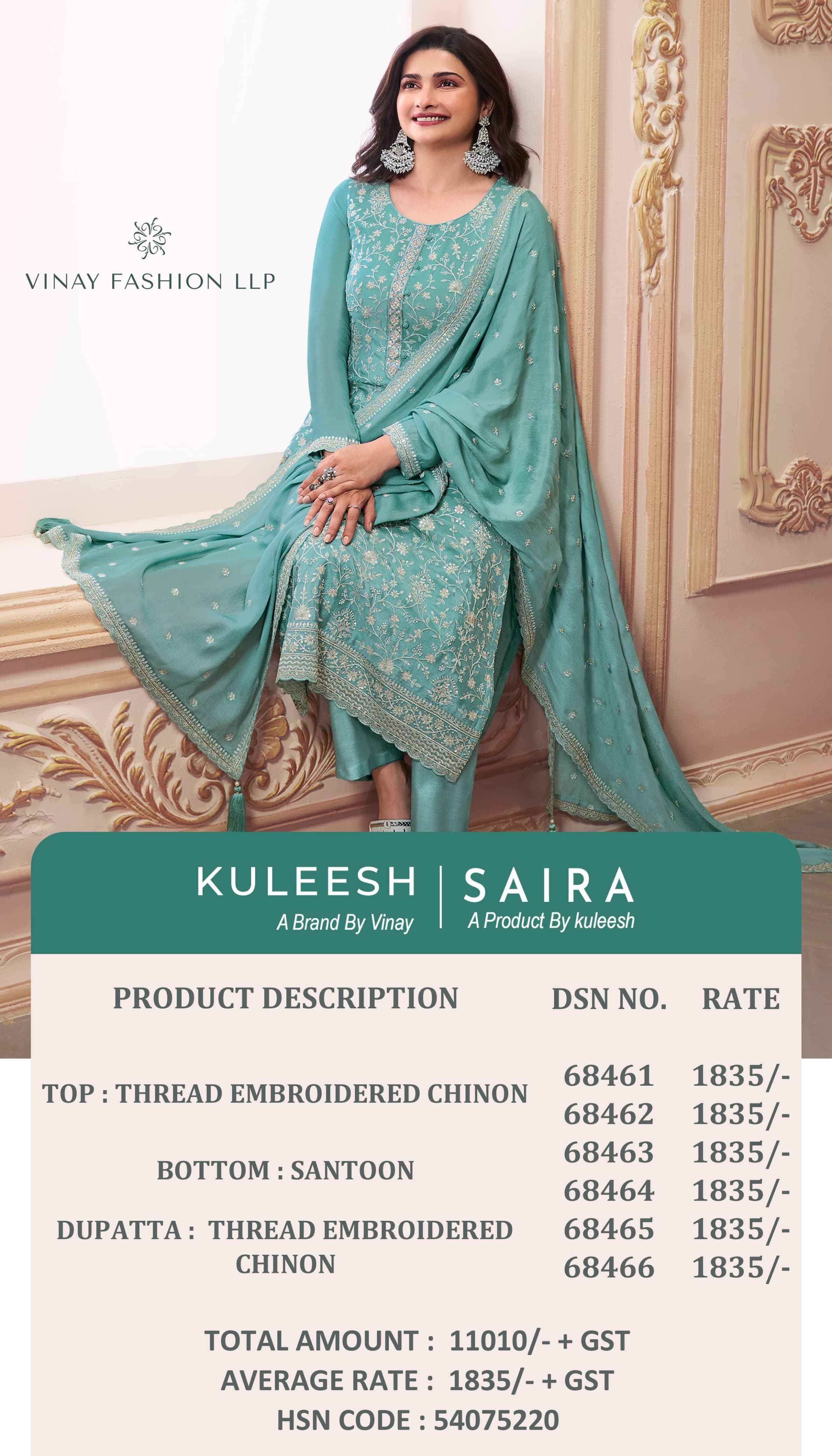 Vinay Kuleesh Saira Thread Embroidered Chinon Dress Material 6 pcs Catalogue