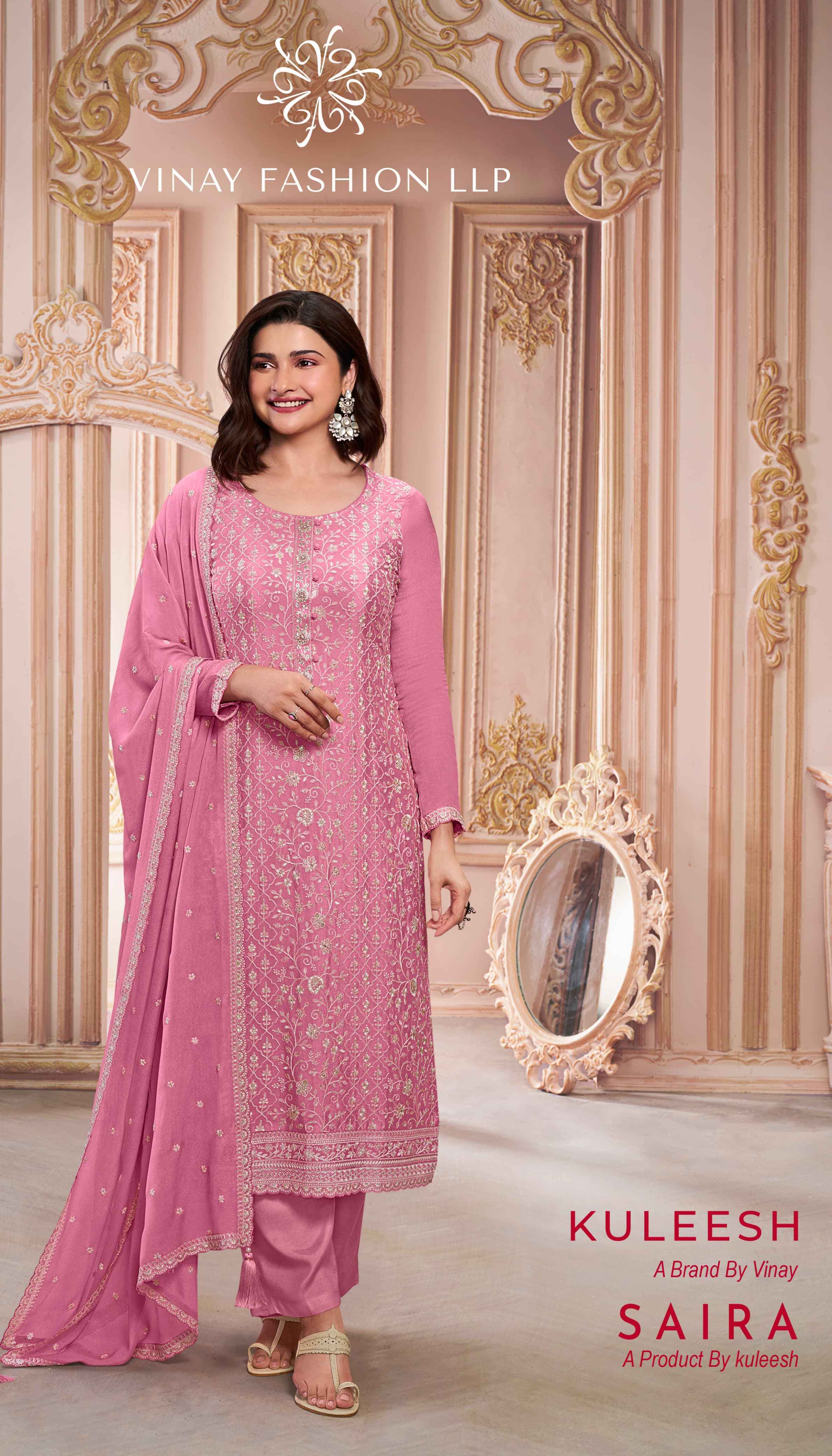 Vinay Kuleesh Saira Thread Embroidered Chinon Dress Material 6 pcs Catalogue