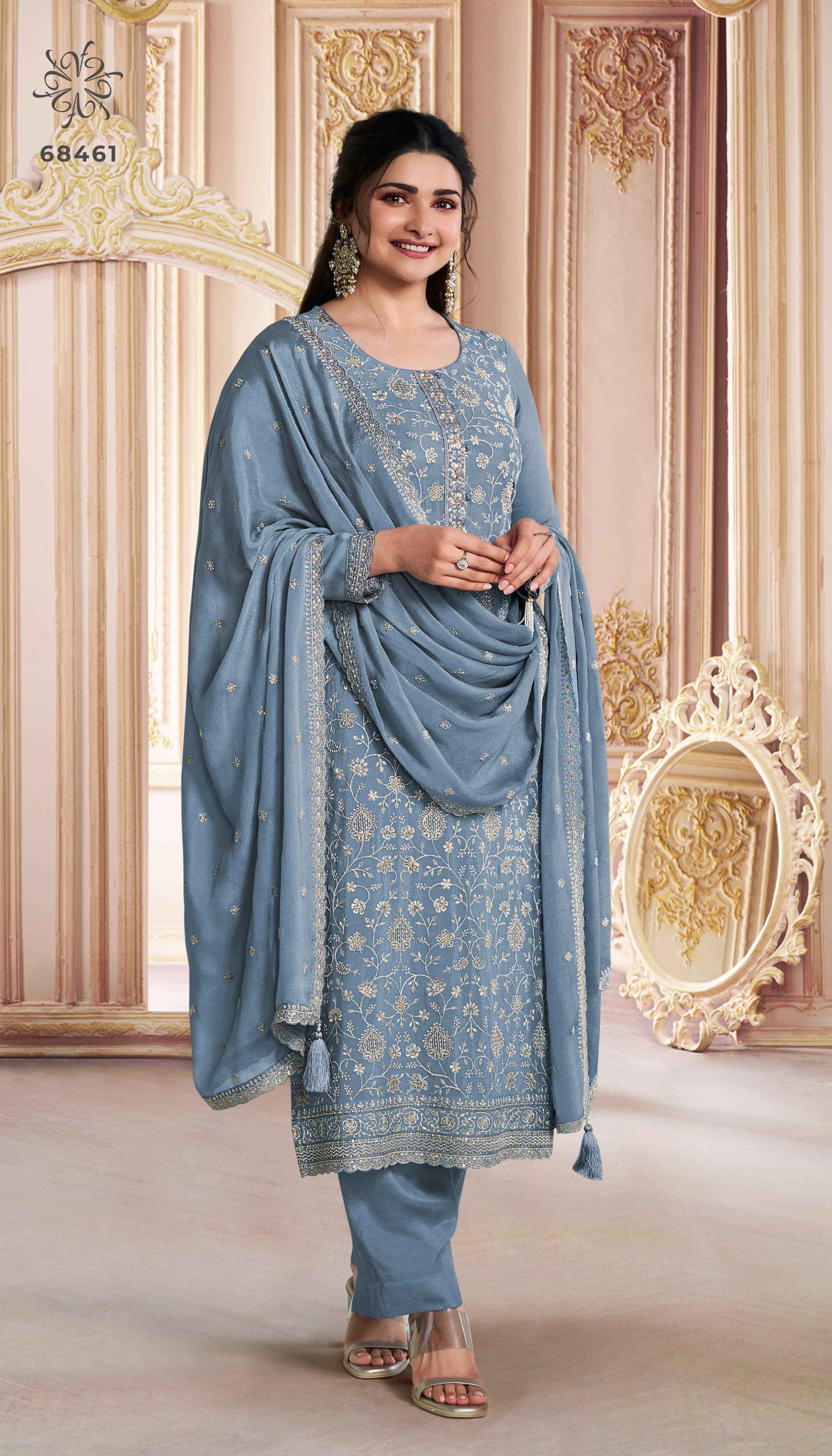 Vinay Kuleesh Saira Thread Embroidered Chinon Dress Material 6 pcs Catalogue