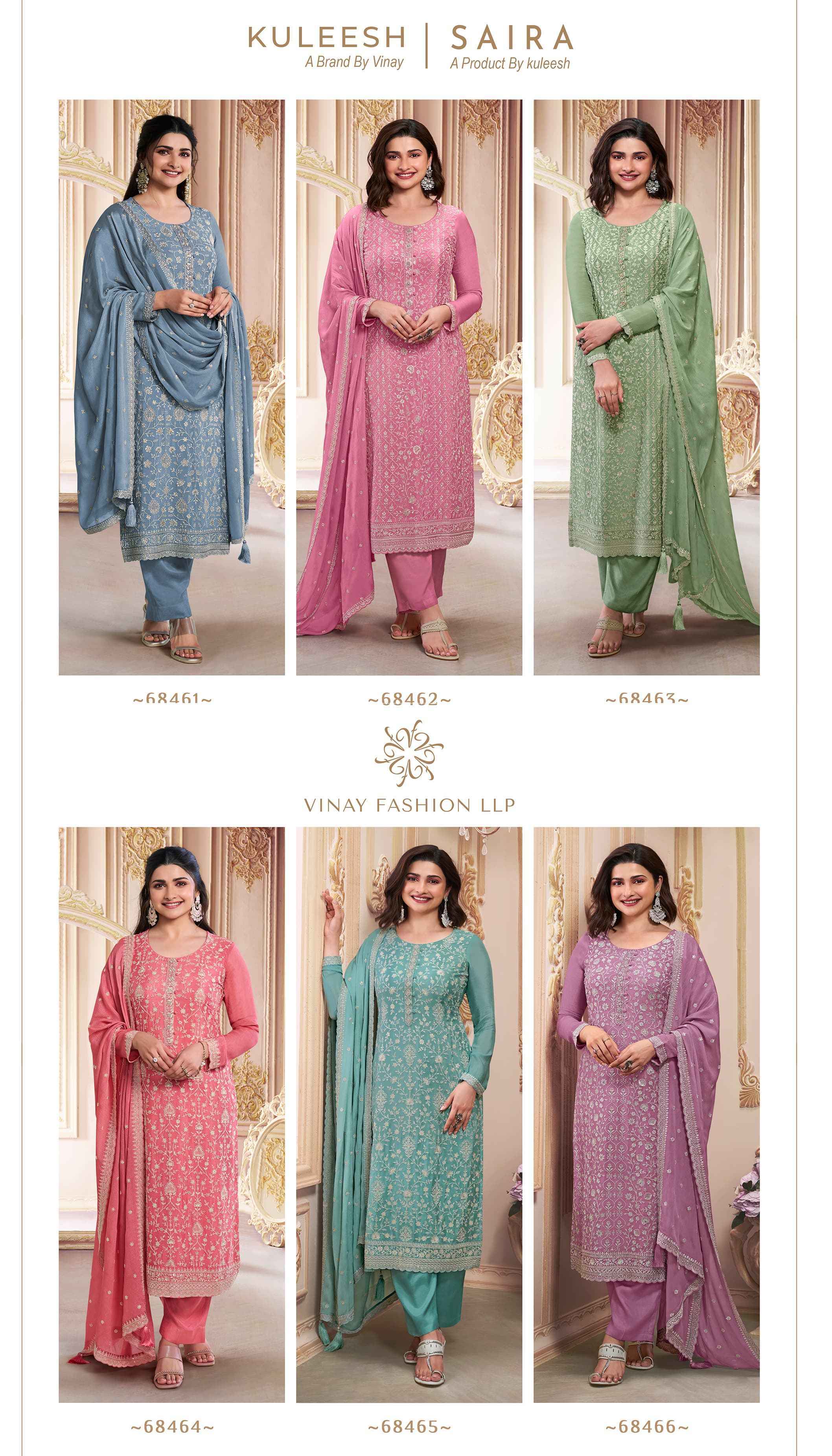 Vinay Kuleesh Saira Thread Embroidered Chinon Dress Material 6 pcs Catalogue