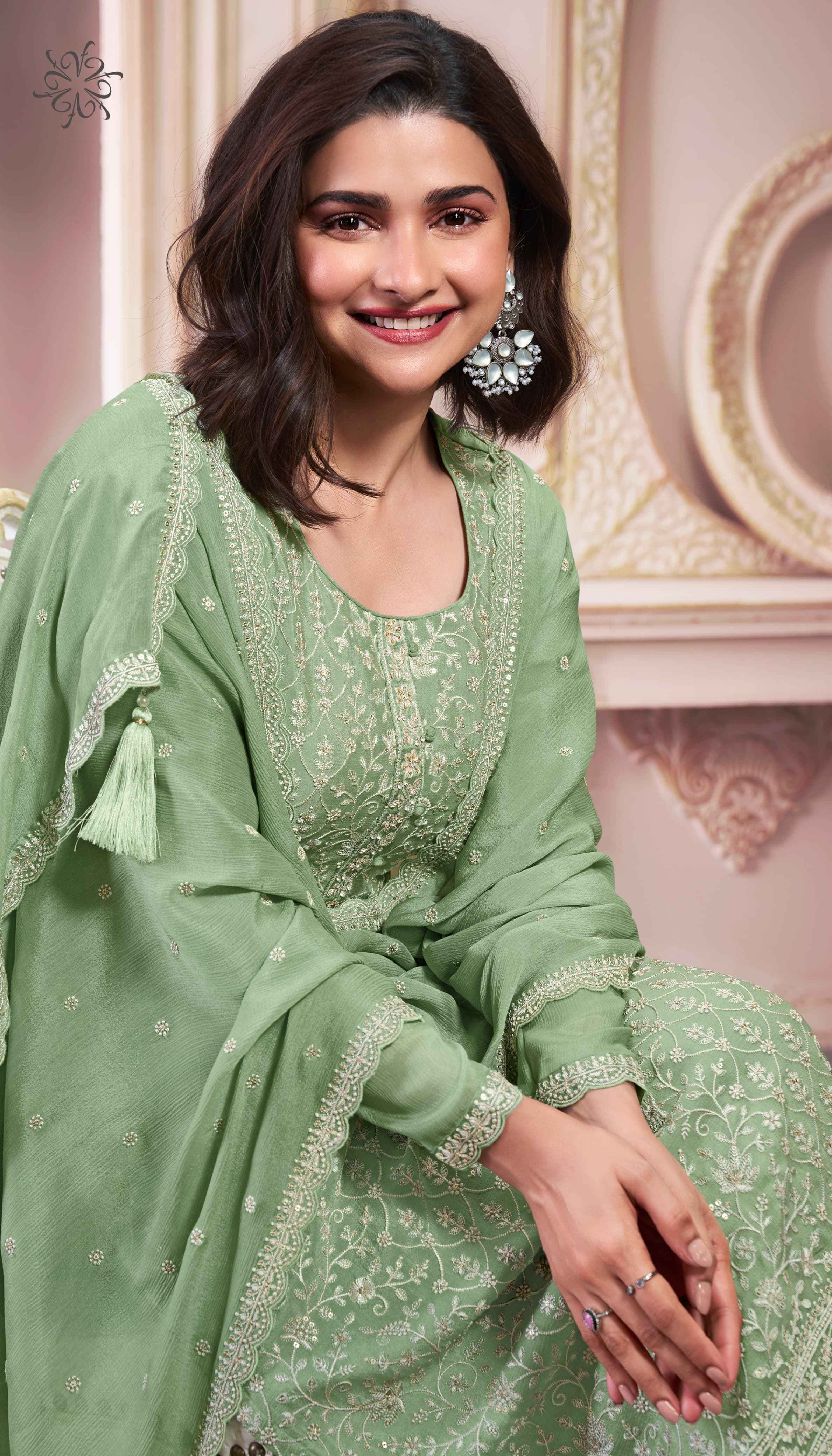 Vinay Kuleesh Saira Thread Embroidered Chinon Dress Material 6 pcs Catalogue