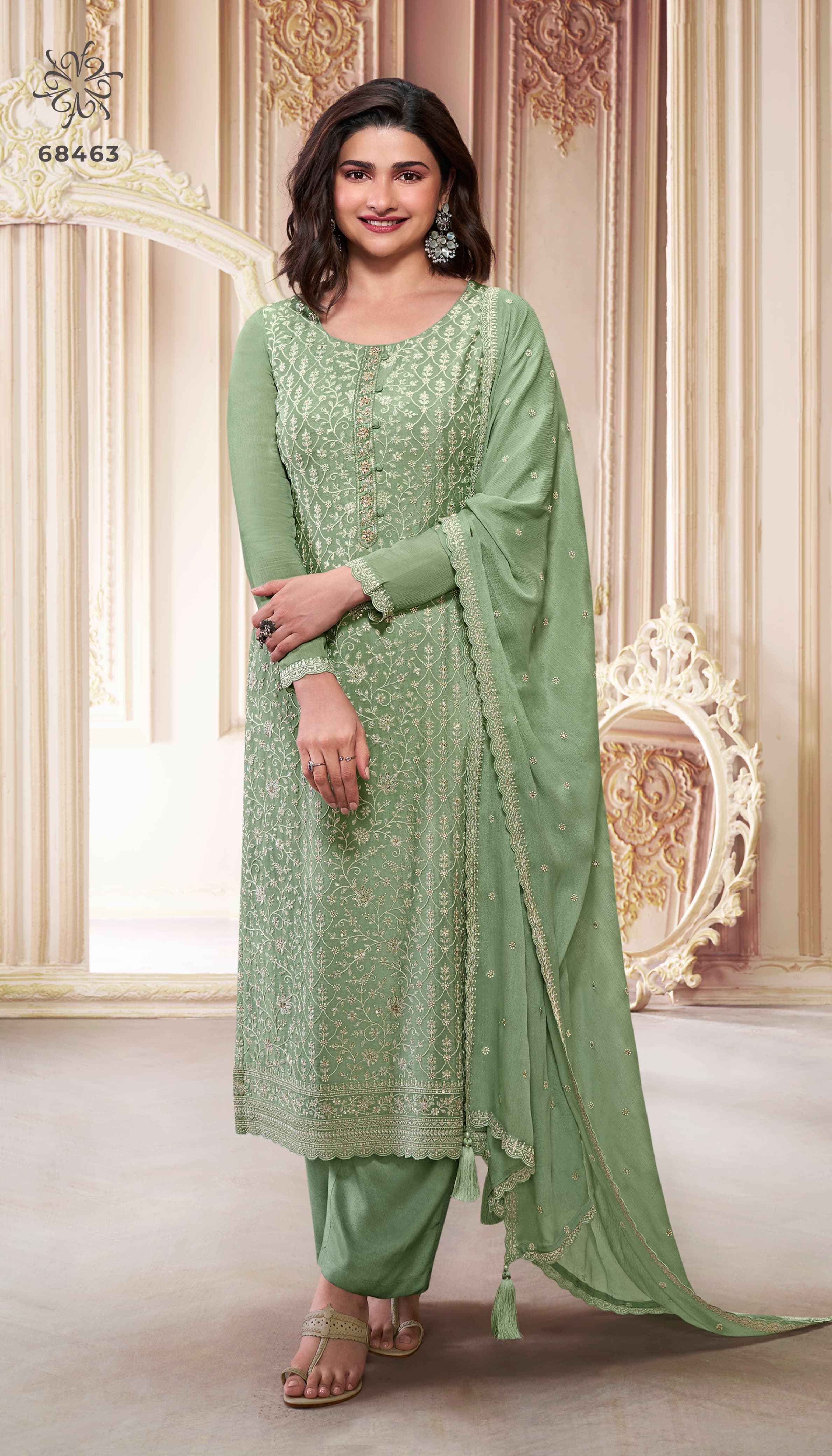 Vinay Kuleesh Saira Thread Embroidered Chinon Dress Material 6 pcs Catalogue