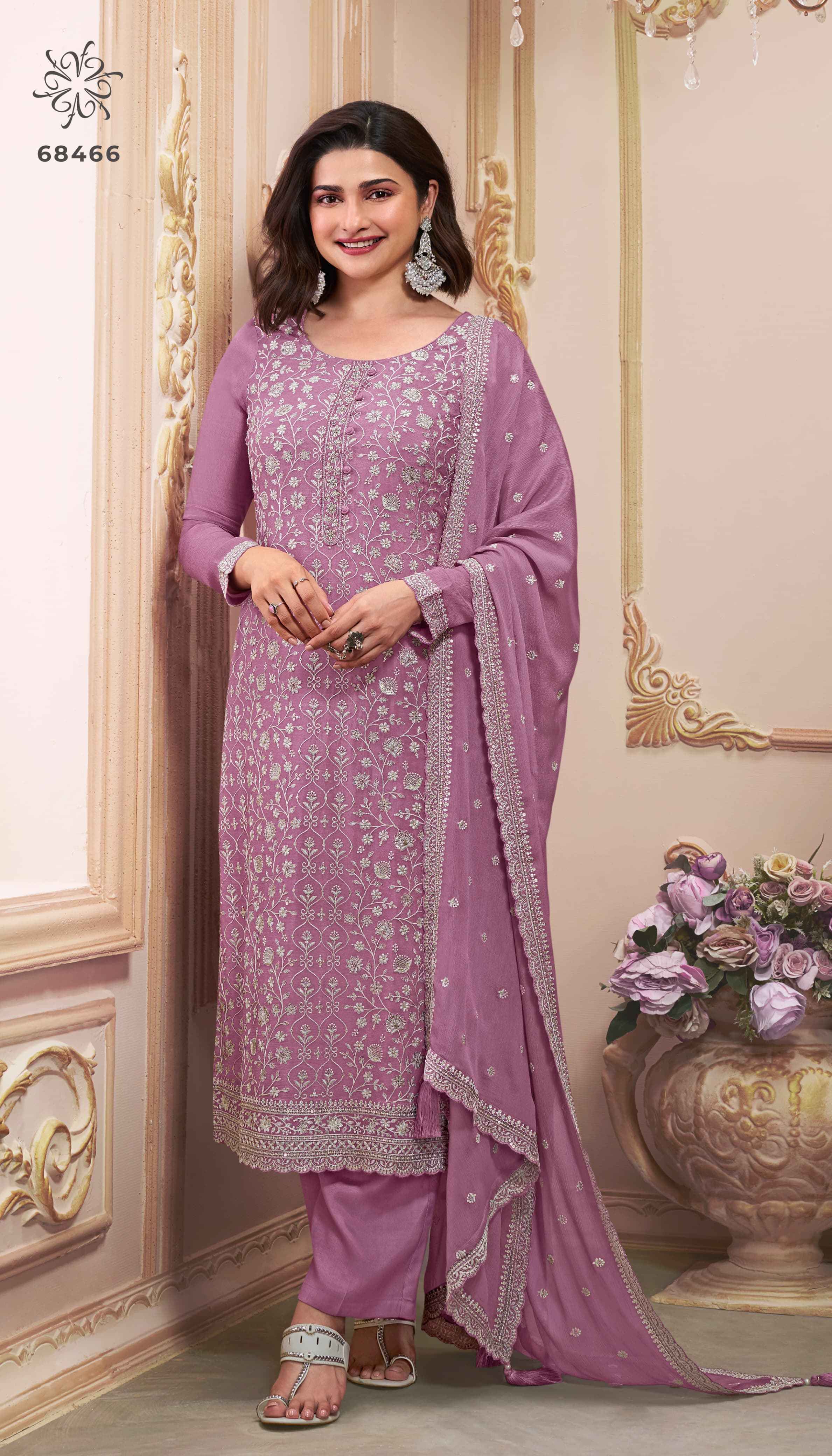 Vinay Kuleesh Saira Thread Embroidered Chinon Dress Material 6 pcs Catalogue