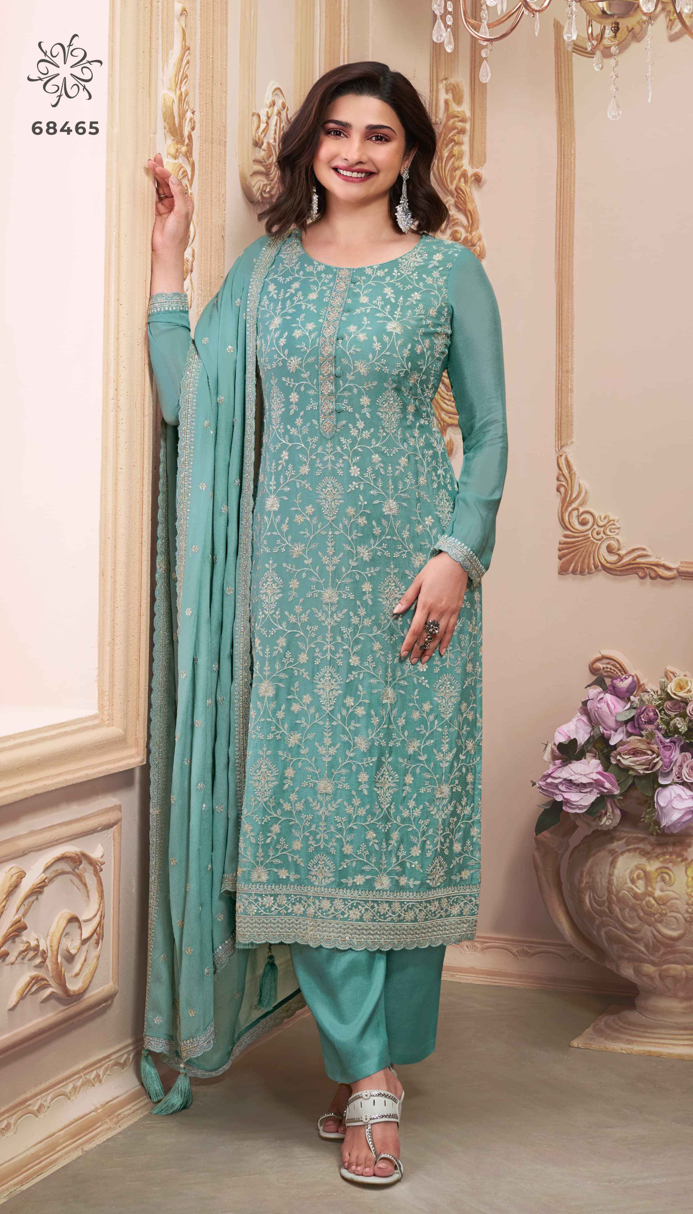 Vinay Kuleesh Saira Thread Embroidered Chinon Dress Material 6 pcs Catalogue