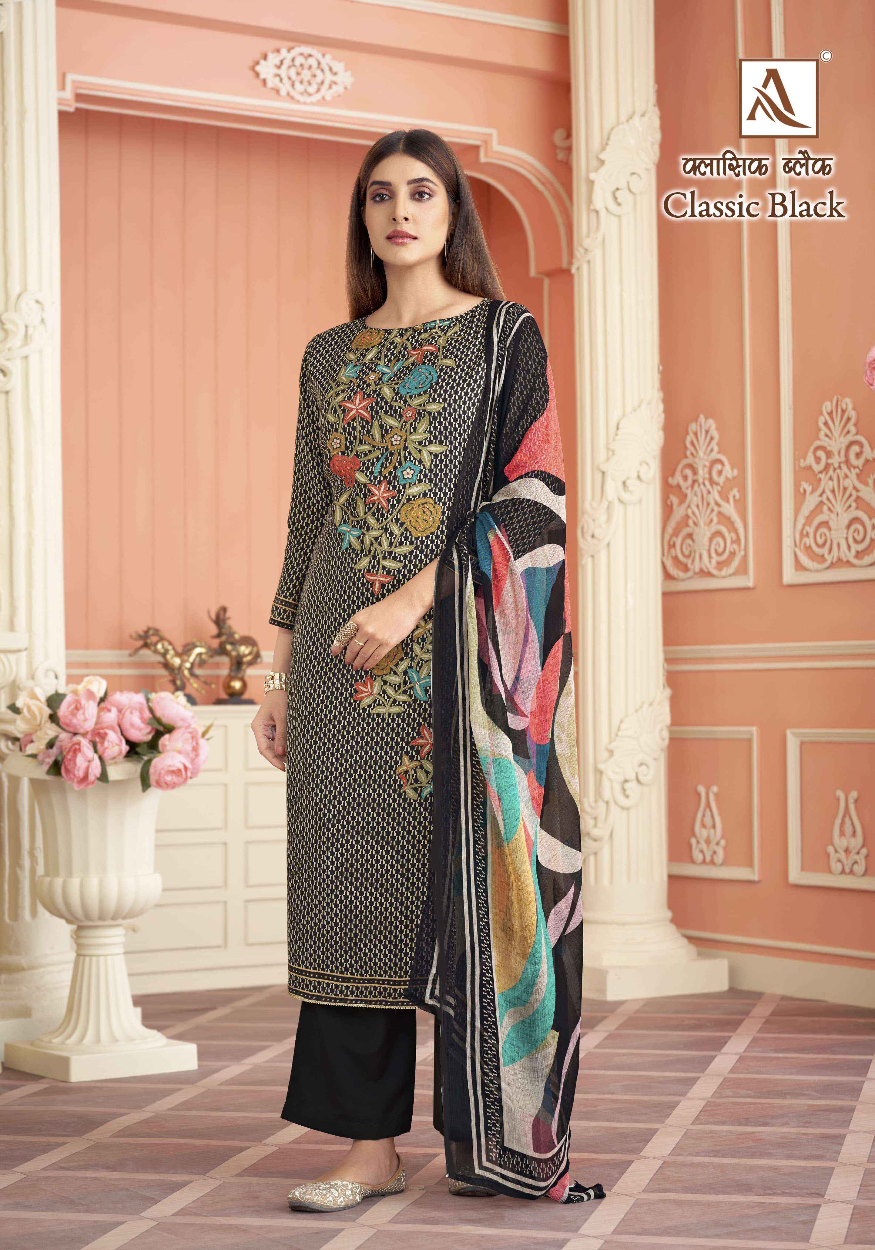 Alok Classic Black Viscose Dress Material 4 pcs Catalogue