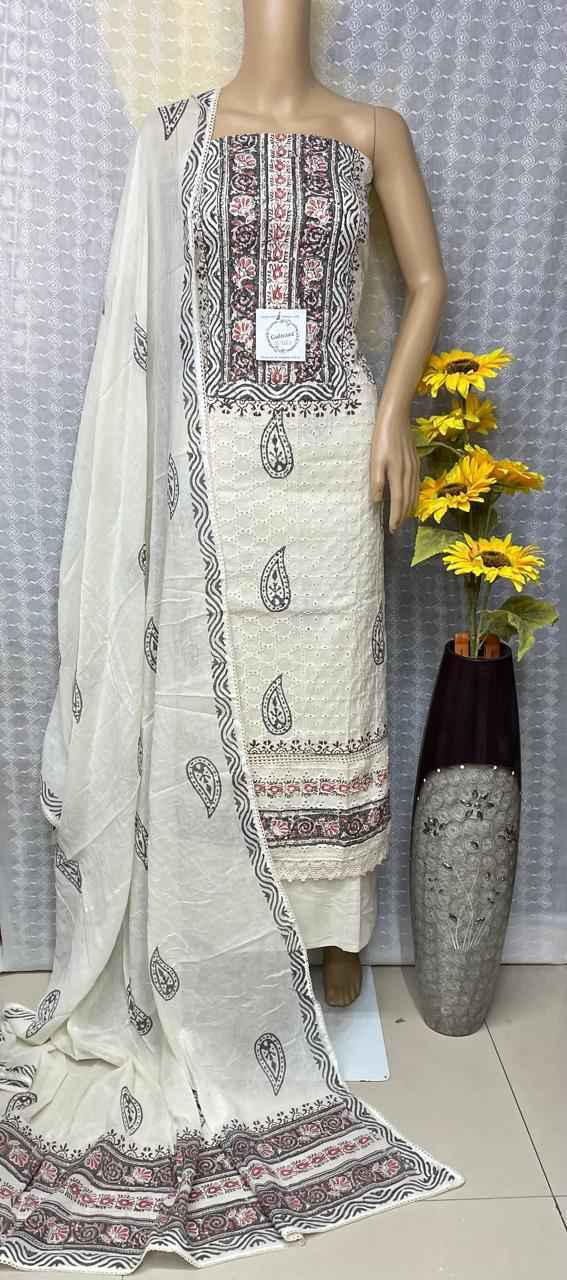 Hakoba Work Cotton Top Non Catalog Cotton Dress Material 4 Pc Catalog