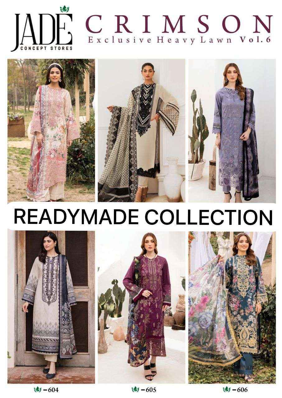 Jade Crimson Exclusive Heavy Lawn Collection Vol 6 Readymade Lawn Cotton Dress 6 pc Cataloge