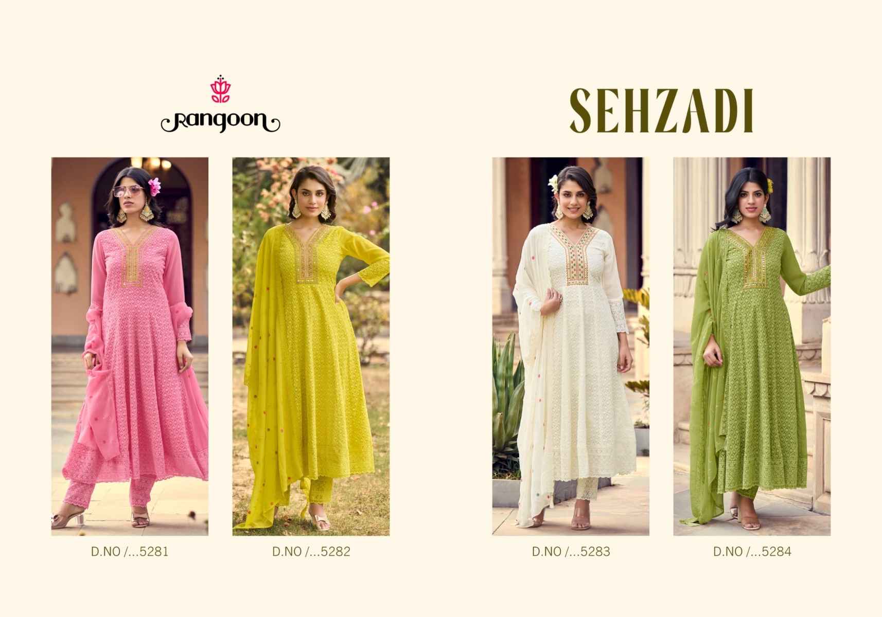 Rangoon Sehzadi Schiffli Georgette Kurti Combo 4 pcs Catalogue