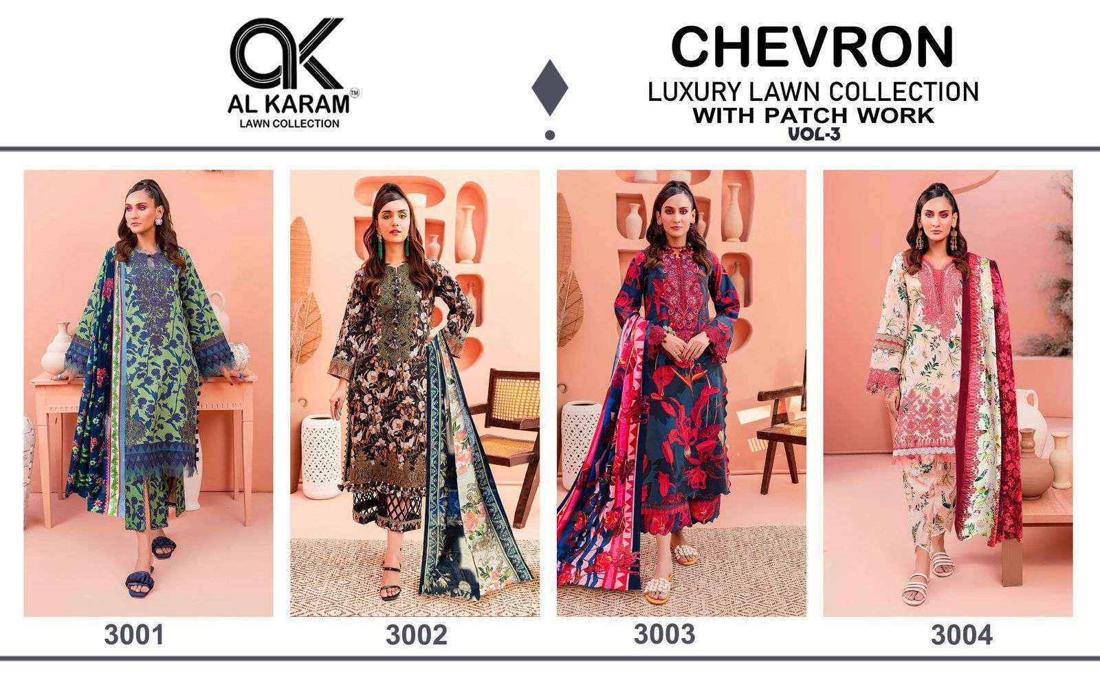 Al Karam Chevron Luxury Lawn Collection Vol 3 Cotton Dress Material 4 pcs Catalogue