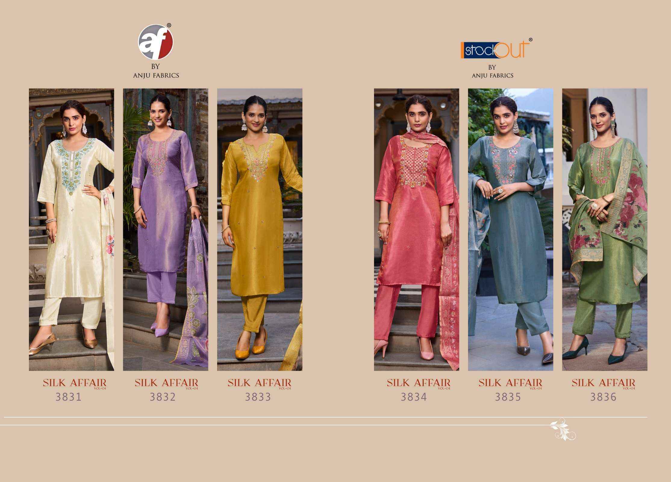 Anju Fabrics Silk Affair Vol-4 Readymade Tissue Dress 6 Pc Catalog