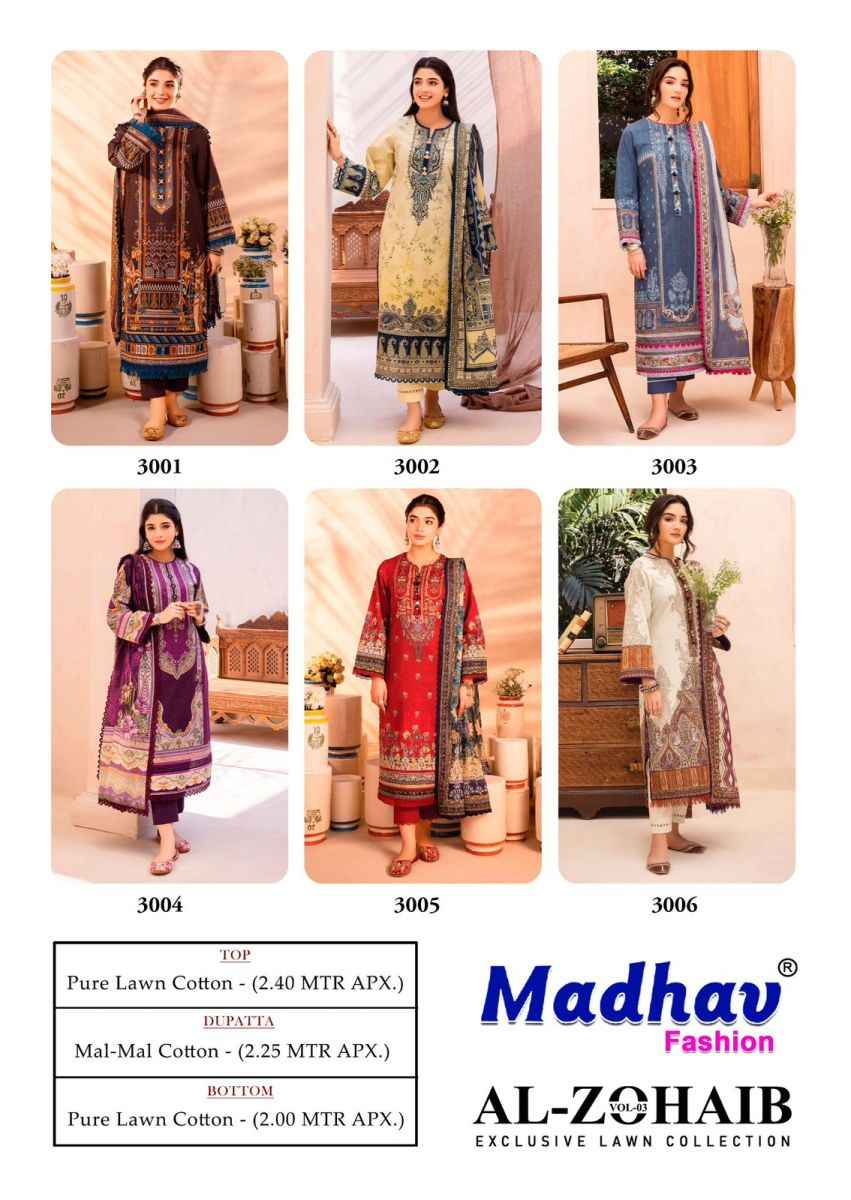 Madhav Fashion Al Zohaib Vol 3 Lawn Cotton Dress Material 6 pcs Catalogue