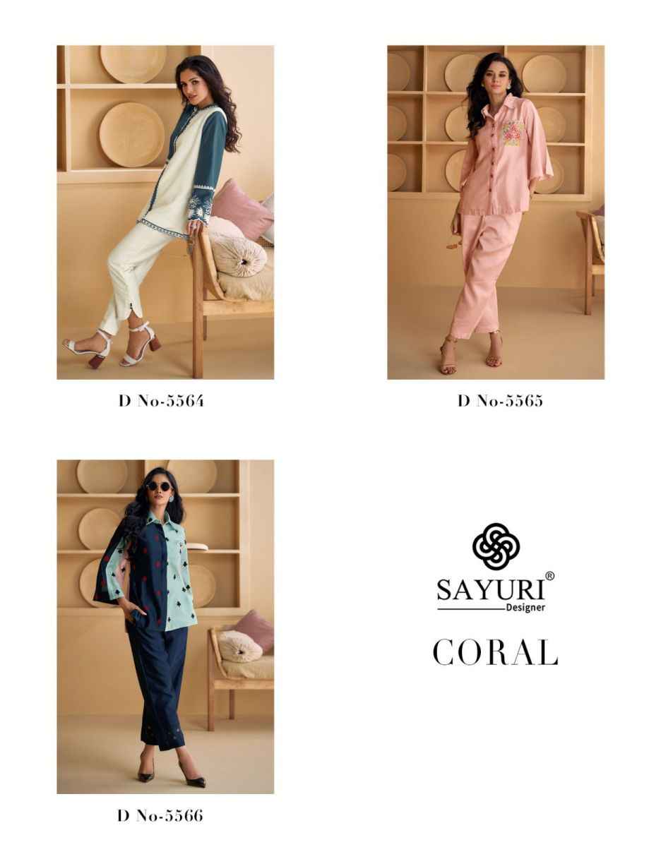 Sayuri Designer Coral Silk Co Ord Set 3 pcs Catalogue