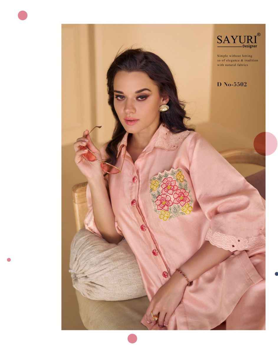 Sayuri Designer Coral Silk Co Ord Set 3 pcs Catalogue