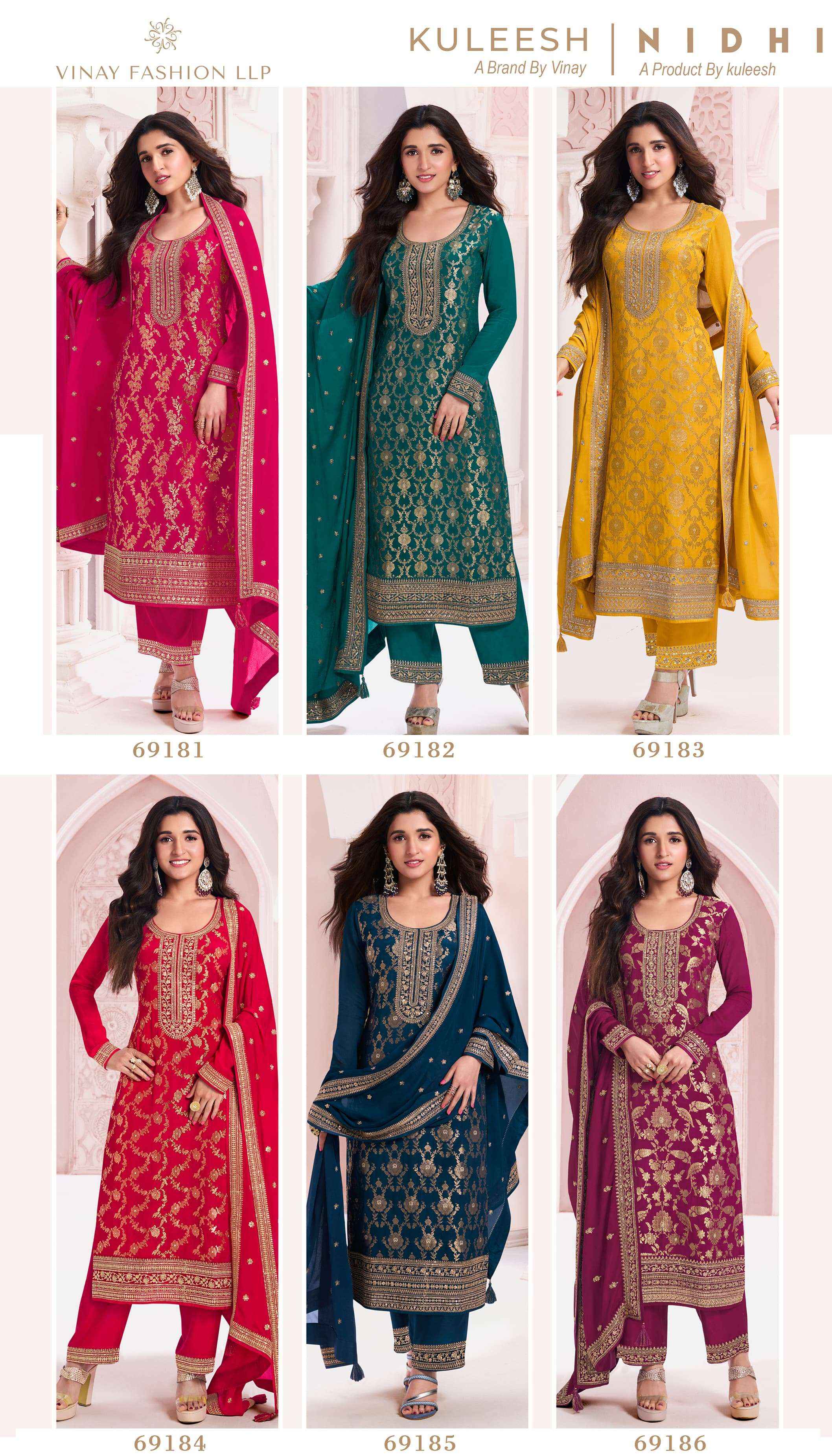 Vinay Kuleesh Nidhi Chinon Jacquard Dress Material 6 pcs Catalogue