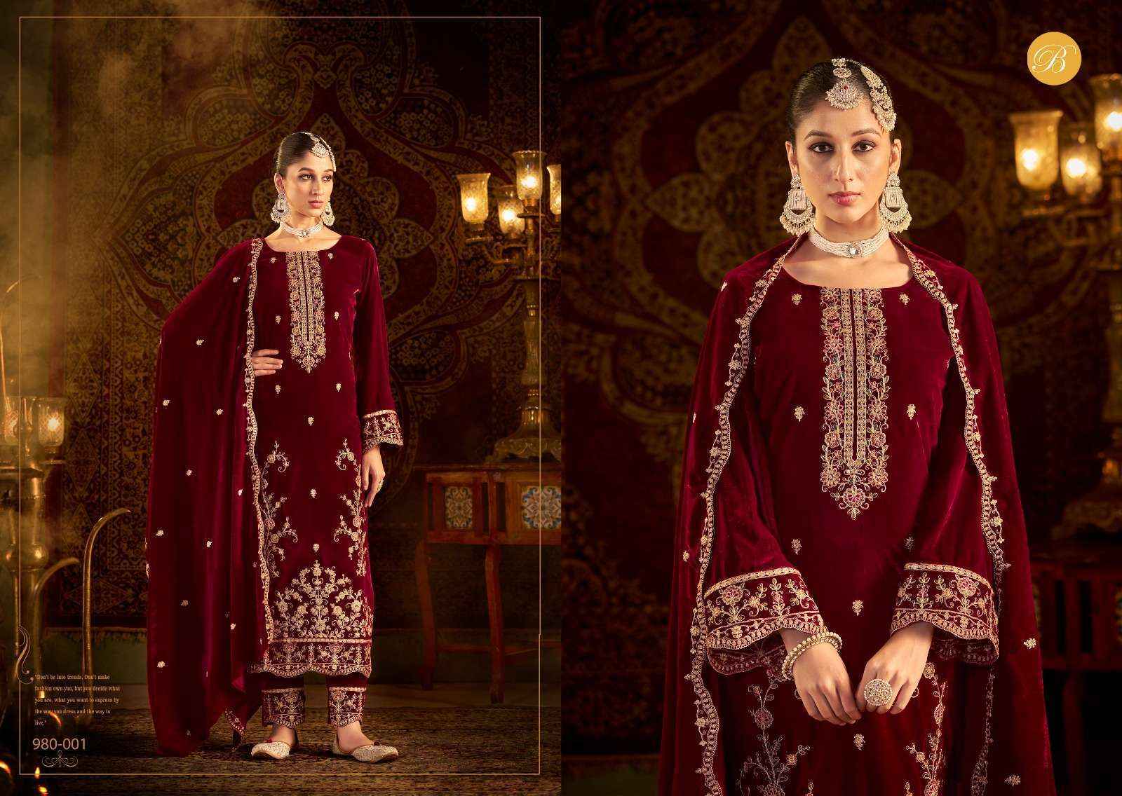 Belliza Kalamkaari Velvet Embroidery Dress Material 4 Pc Cataloge