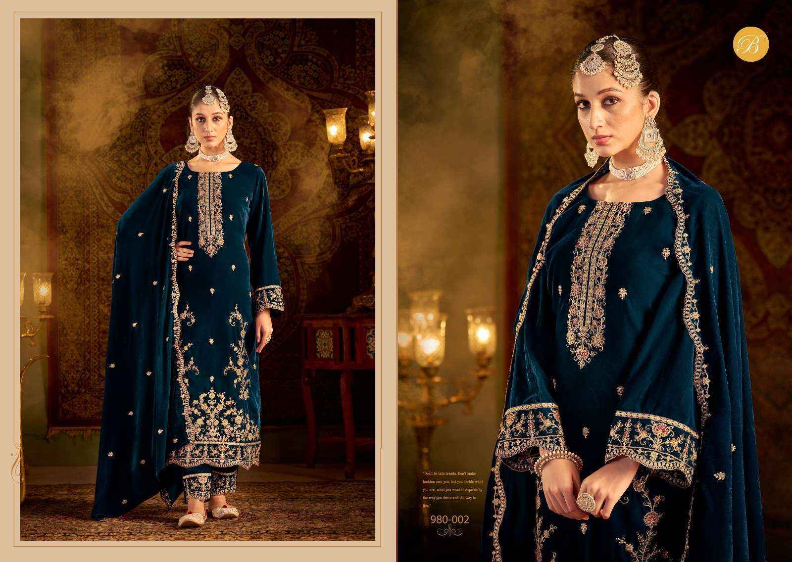 Belliza Kalamkaari Velvet Embroidery Dress Material 4 Pc Cataloge