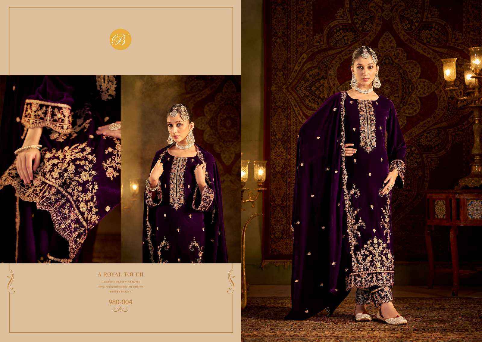 Belliza Kalamkaari Velvet Embroidery Dress Material 4 Pc Cataloge