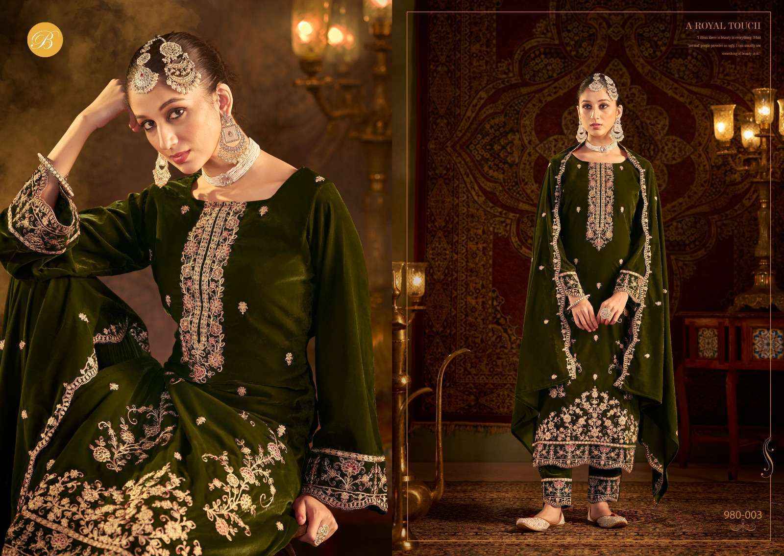 Belliza Kalamkaari Velvet Embroidery Dress Material 4 Pc Cataloge