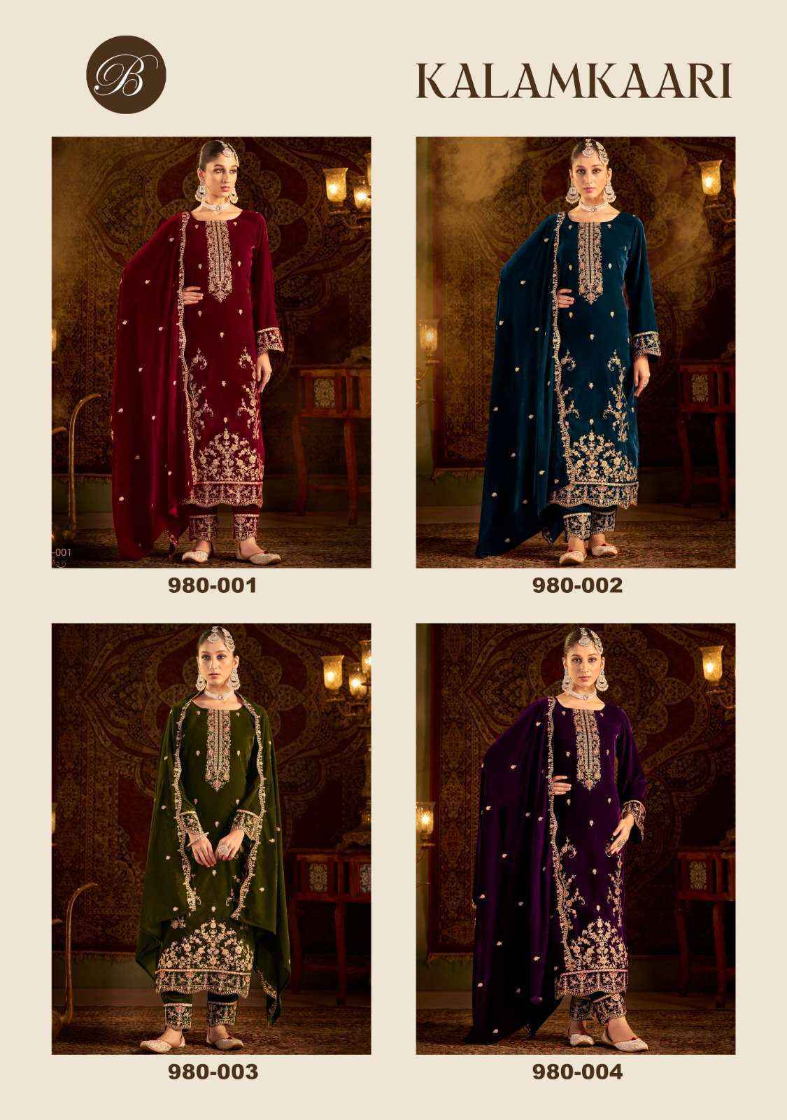 Belliza Kalamkaari Velvet Embroidery Dress Material 4 Pc Cataloge