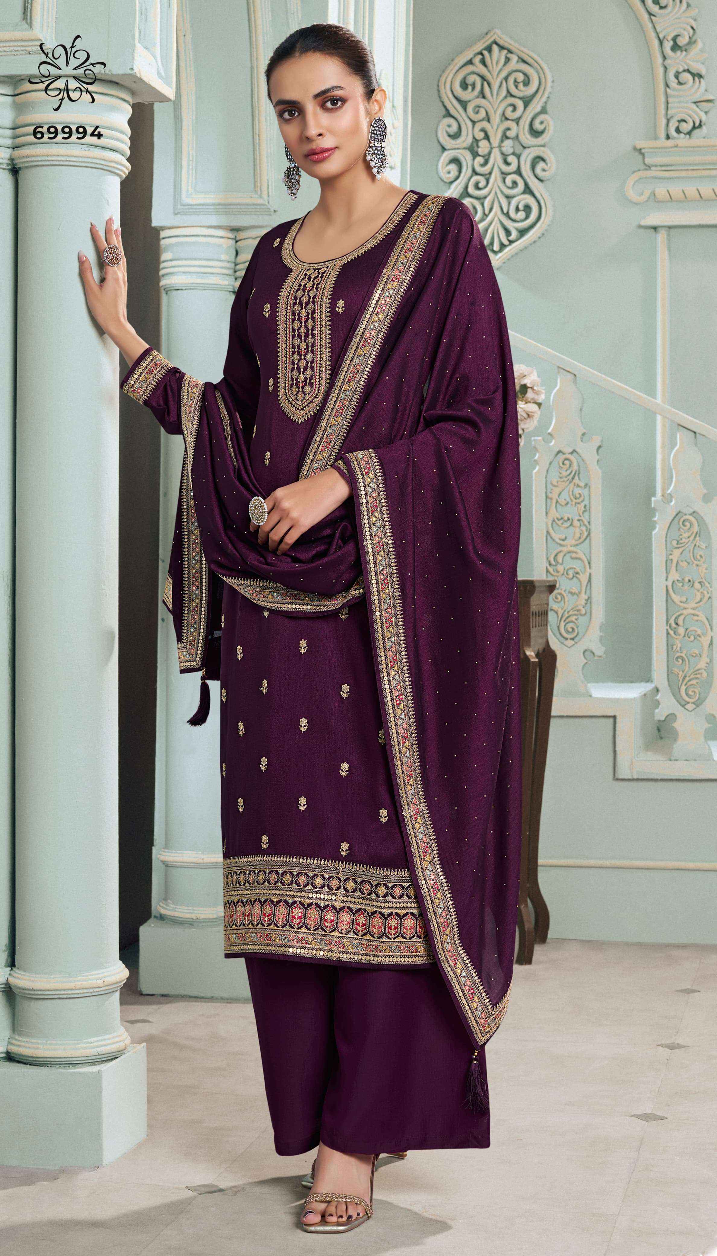 Vinay Kuleesh Meena Silk Georgette Dress Material (4 pcs Catalogue)