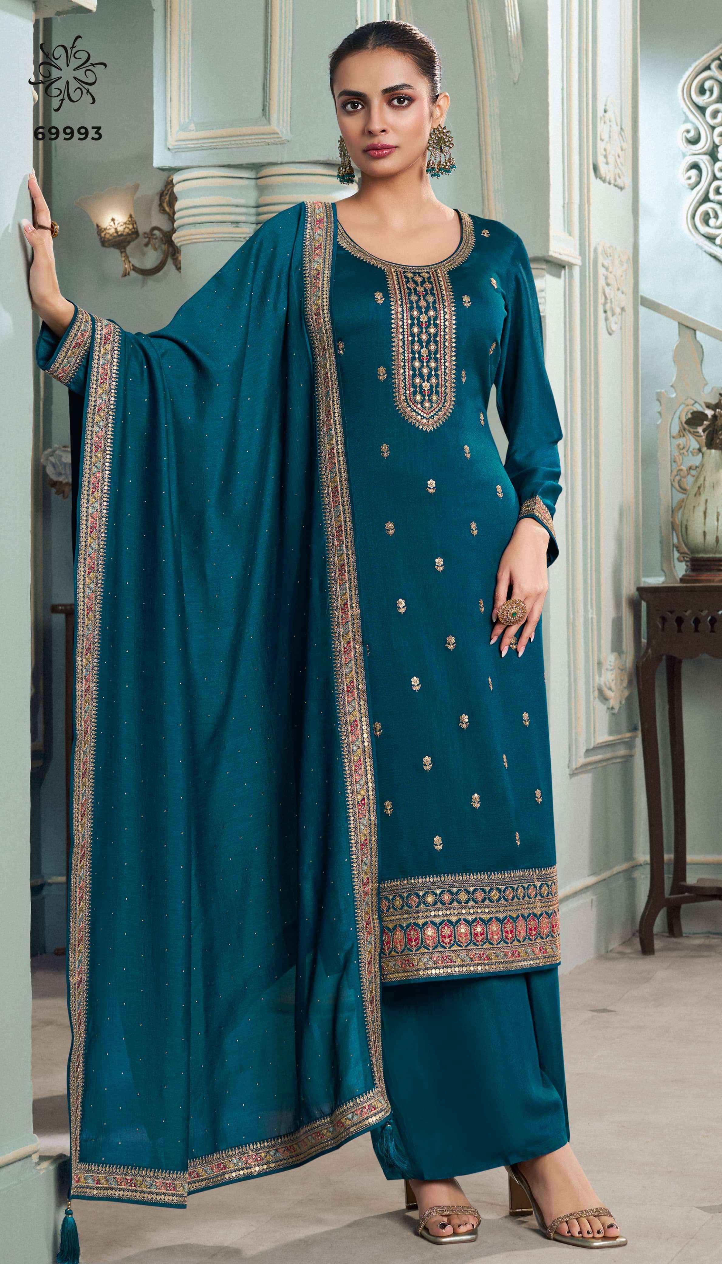 Vinay Kuleesh Meena Silk Georgette Dress Material (4 pcs Catalogue)