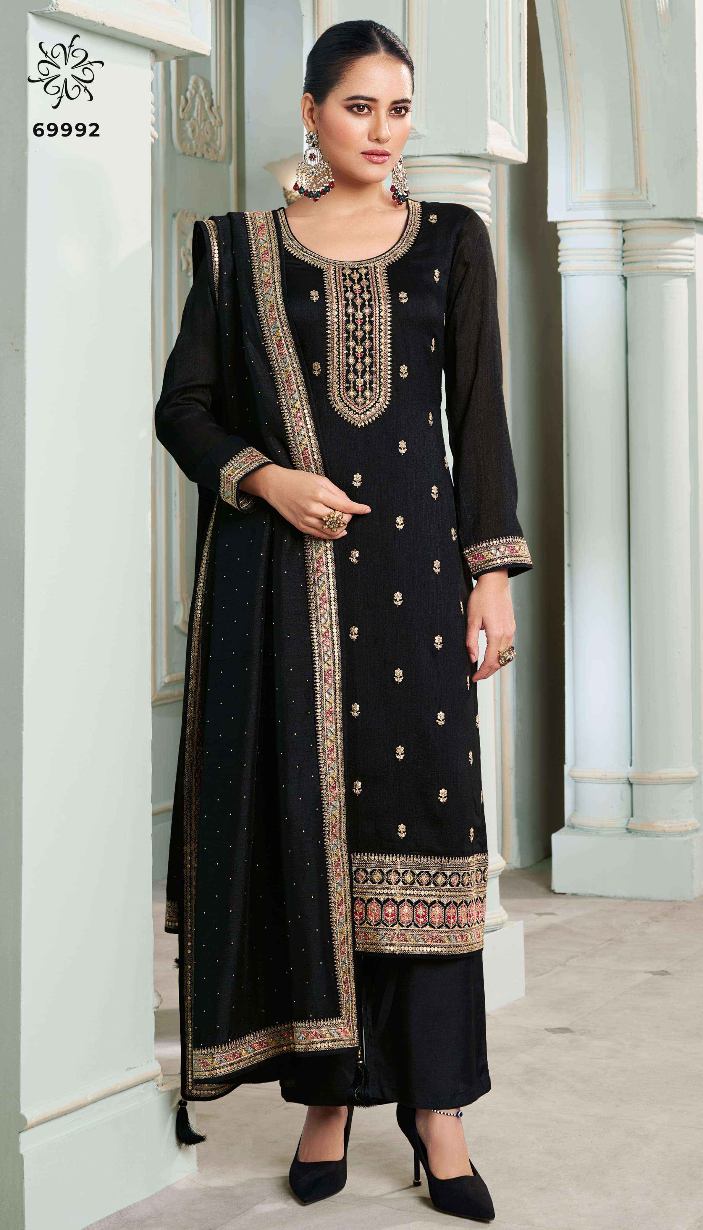 Vinay Kuleesh Meena Silk Georgette Dress Material (4 pcs Catalogue)