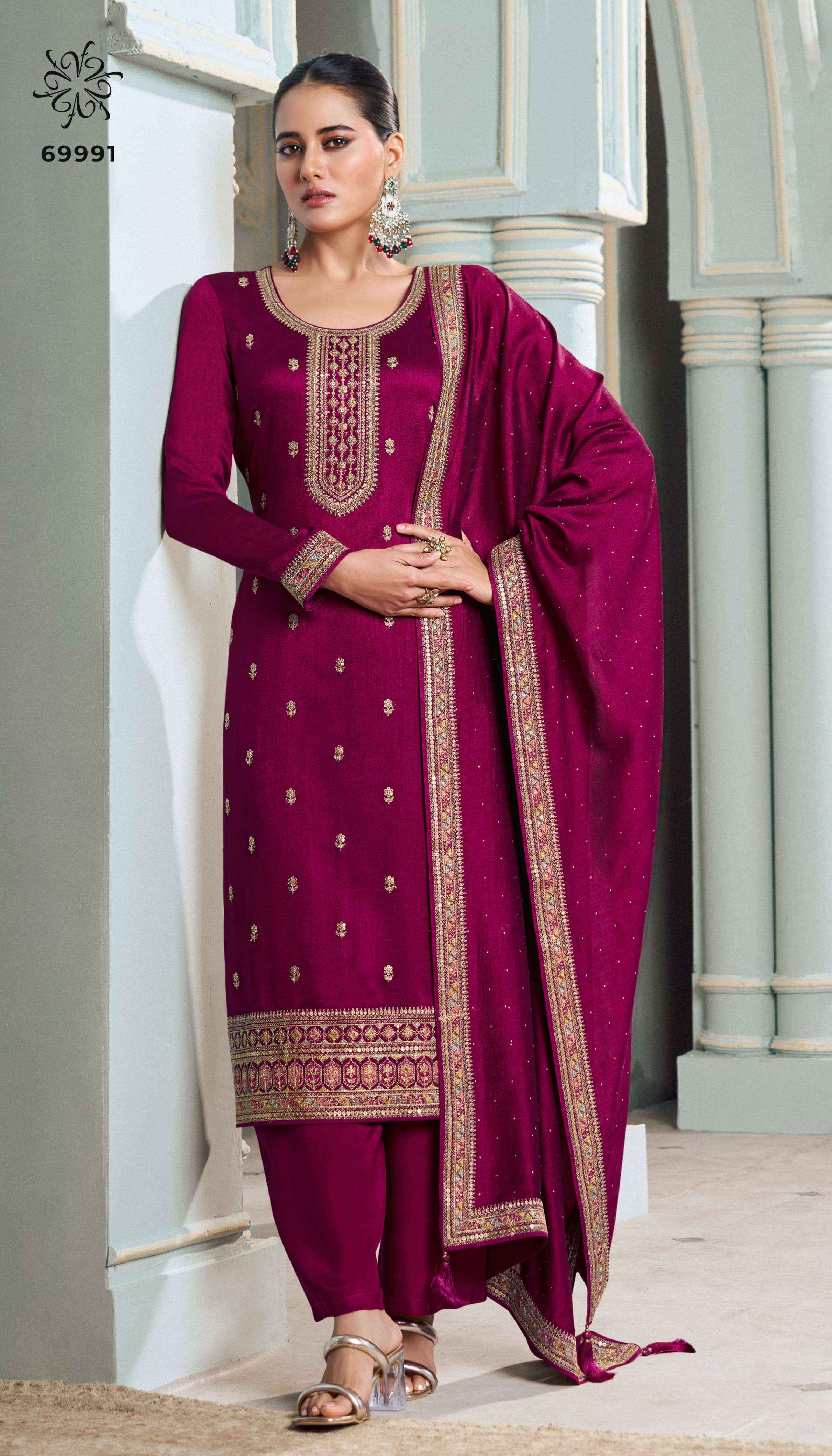 Vinay Kuleesh Meena Silk Georgette Dress Material (4 pcs Catalogue)